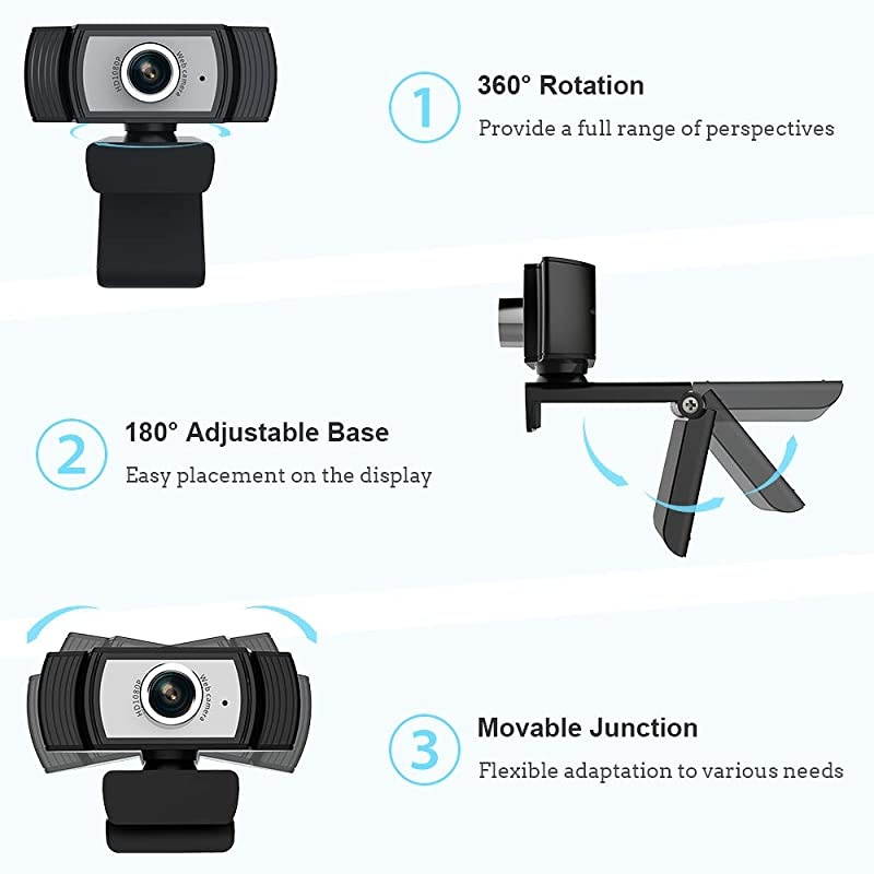 Webcam with Microphone PORTHOLIC HD PC Desktop Computer Web Cam with AUTO Face Focus 360&deg;Rotatable USB Smart TV Web Camera for Skype Live Stream Zoom Video Chat Recording Conferencing