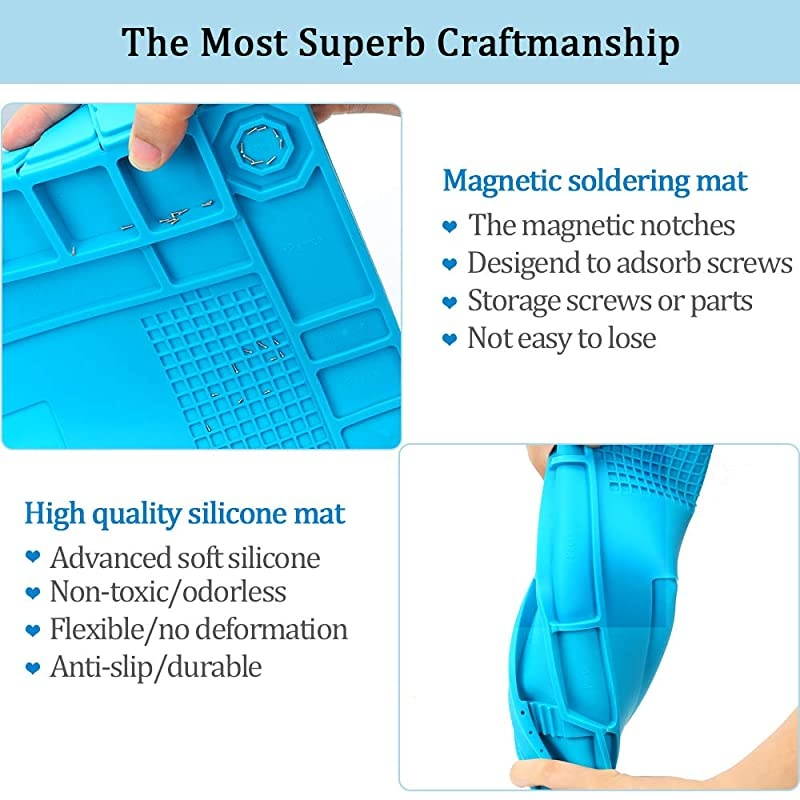 Heat Insulation Silicone Repair Mat with Scale Ruler and Screw Position, Electronics Repair Pad for Soldering Iron, Repair Watch,Phone and Computer Size:17.7 x 11.8 Inches - Blue