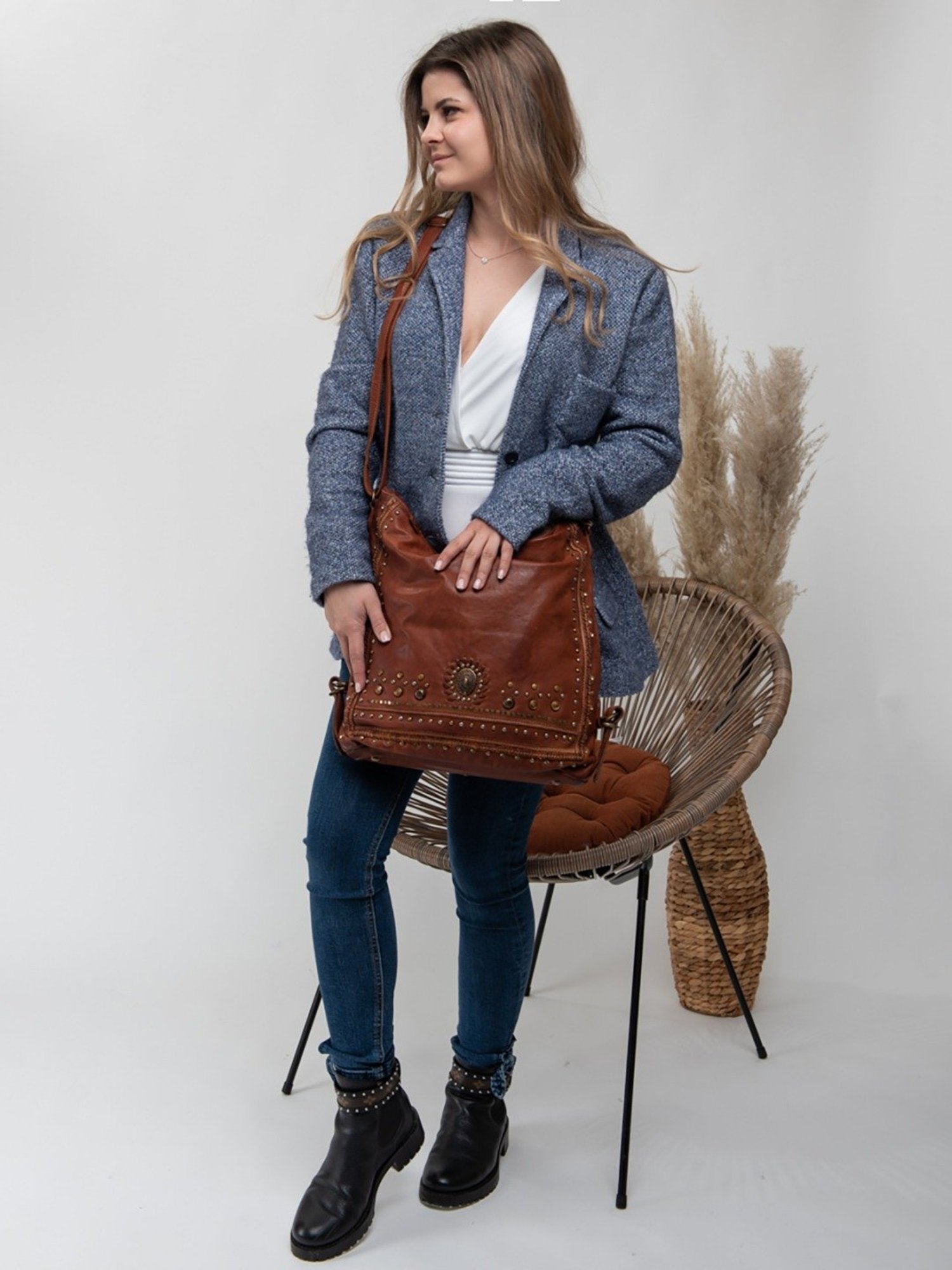 Art N Vintage Savio Cognac Leather Embellished Medium Sling Handbag