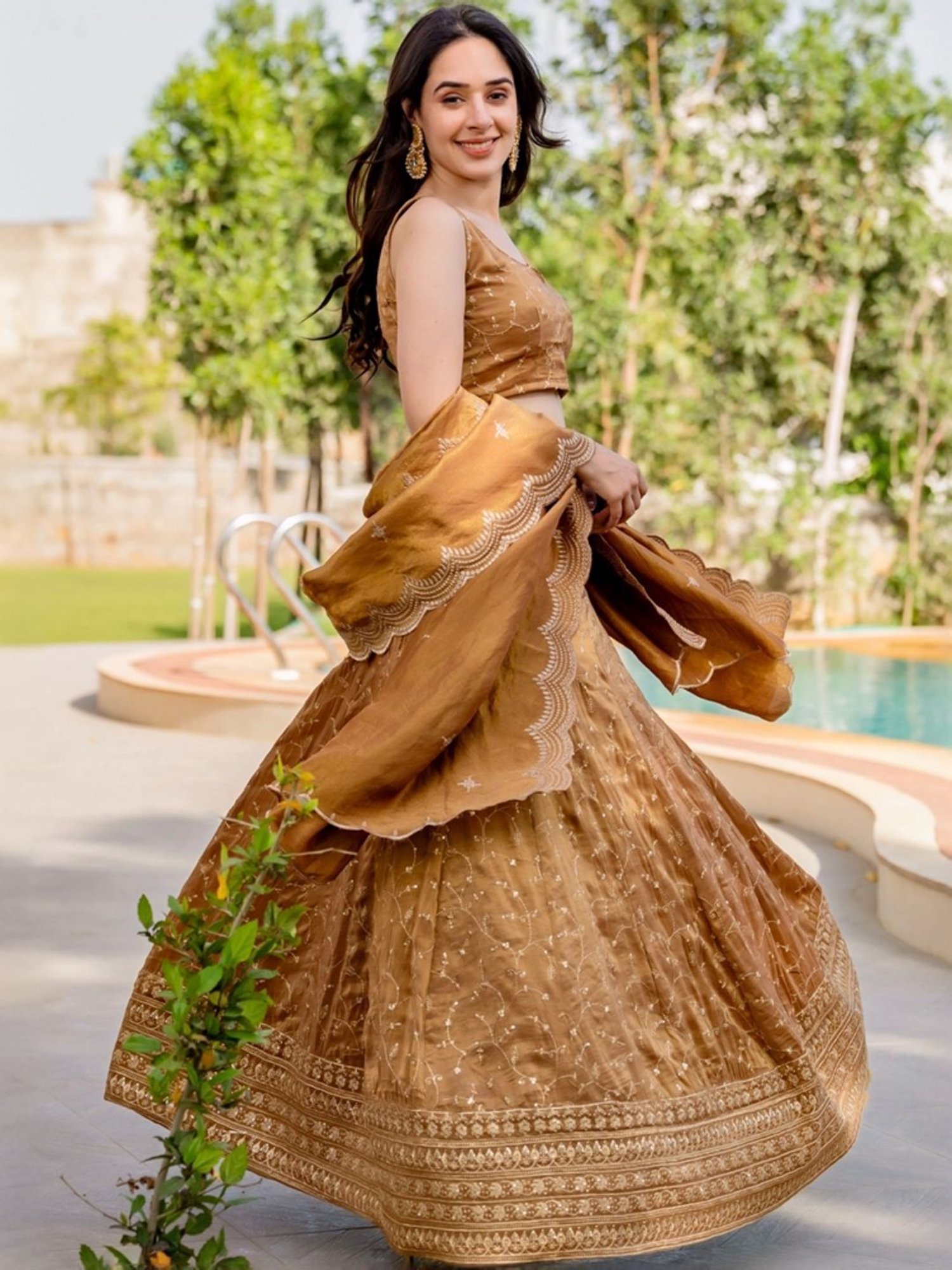HOUSE OF JAMOTI Brown Embroidered Lehenga Choli Set With Dupatta