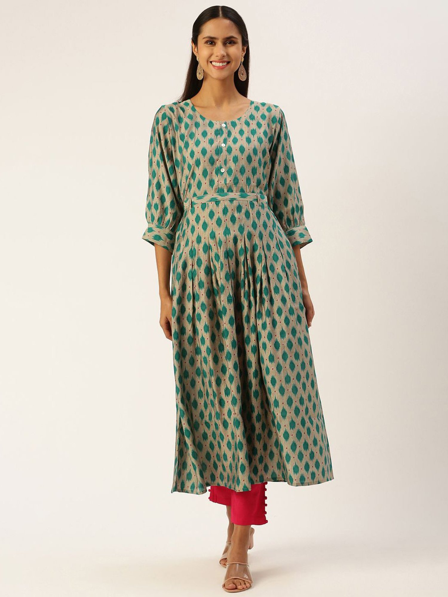 SHANVIKA Beige & Green Printed Cotton Silk A Line Kurta