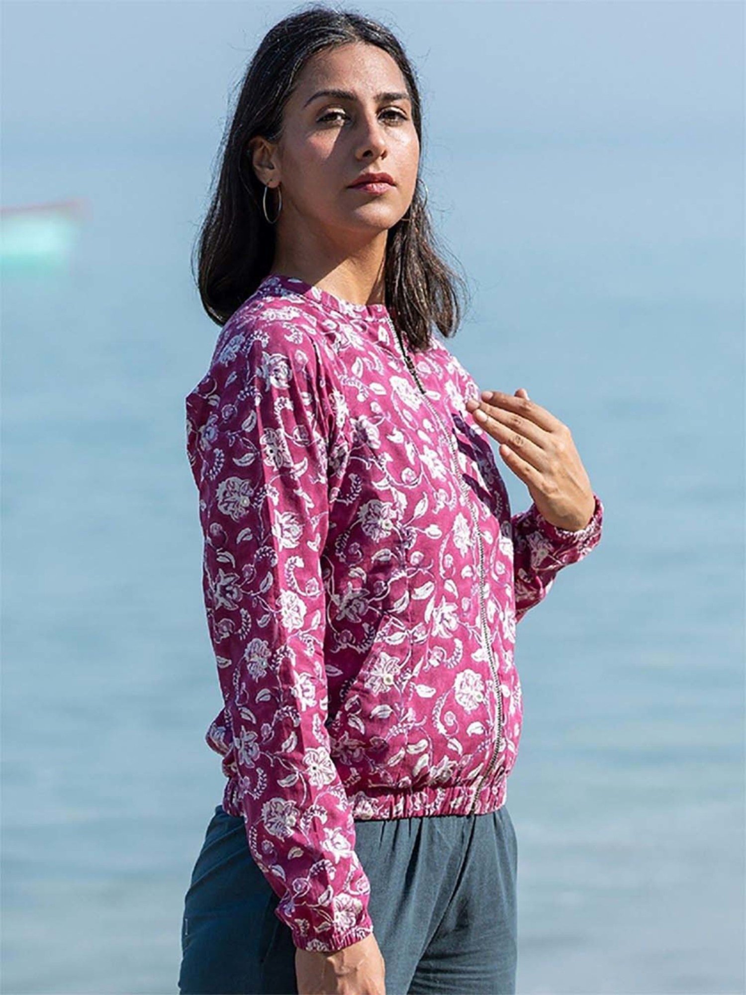 Okhai Peace Lily Purple Pure Cotton Hand Embroidered Bomber Jacket