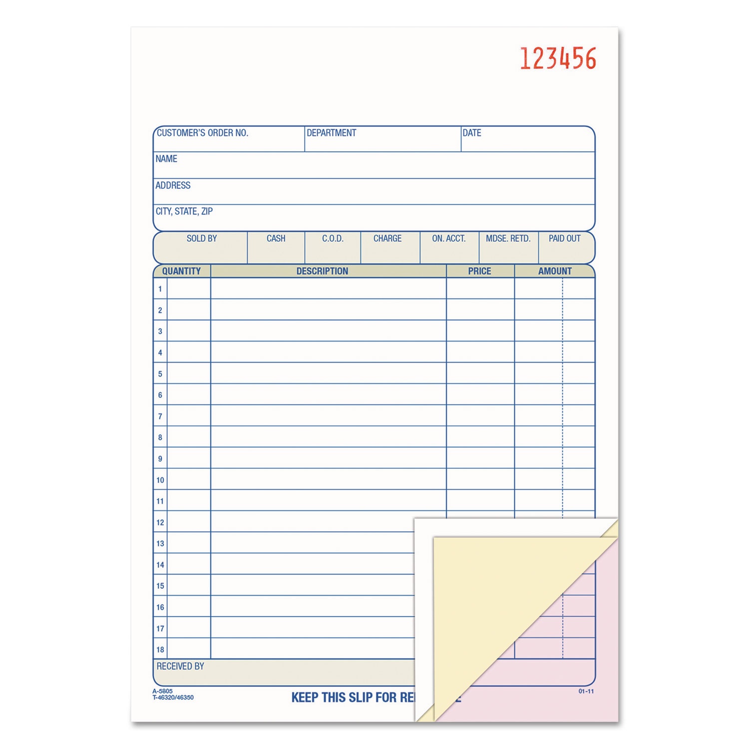 Adams Carbonless Sales Order Books - 50 Sheet(s) - 3 Part - Carbonless - 8.43" x 5.56" Sheet Size - Assorted - 1Each