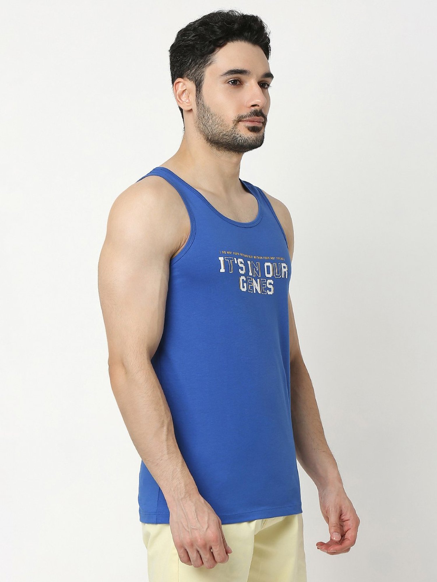 UnderJeans by Spykar Royal Blue Regular Fit Printed Cotton Vest