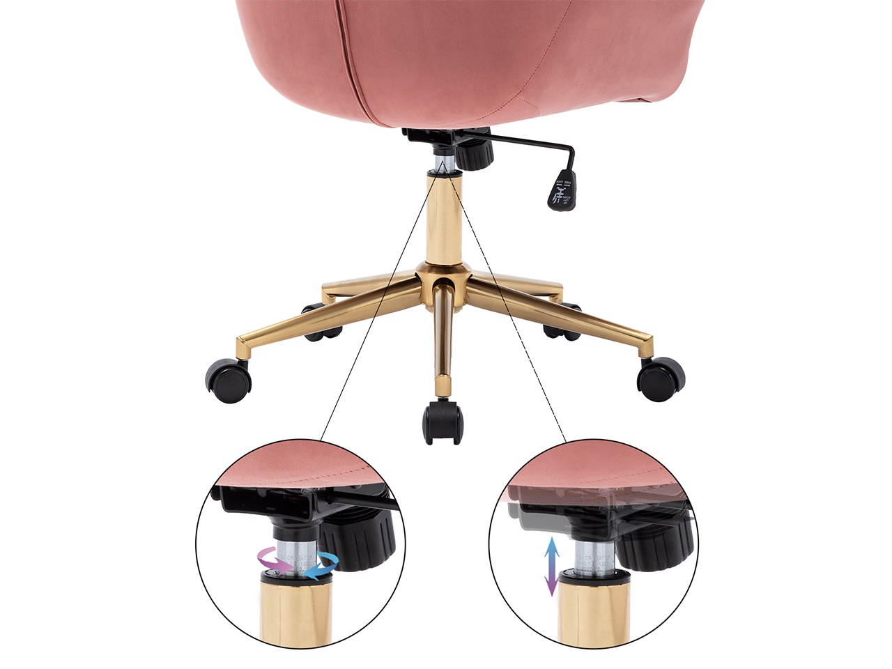 Swivel Height Adjustable Task Chair with Arms Velvet Upholstered Office Chair with Gold Base