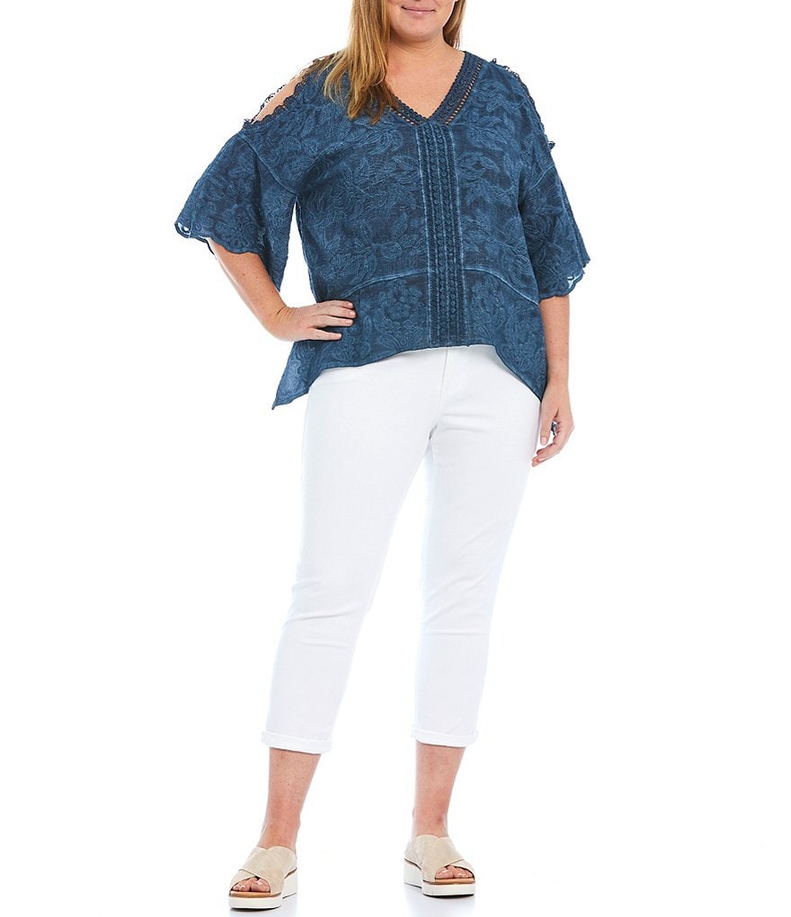 Democracy Plus Size Mineral Wash Crochet Trim V-Neck 3/4 Flare Sleeve Drop-Shoulder Top