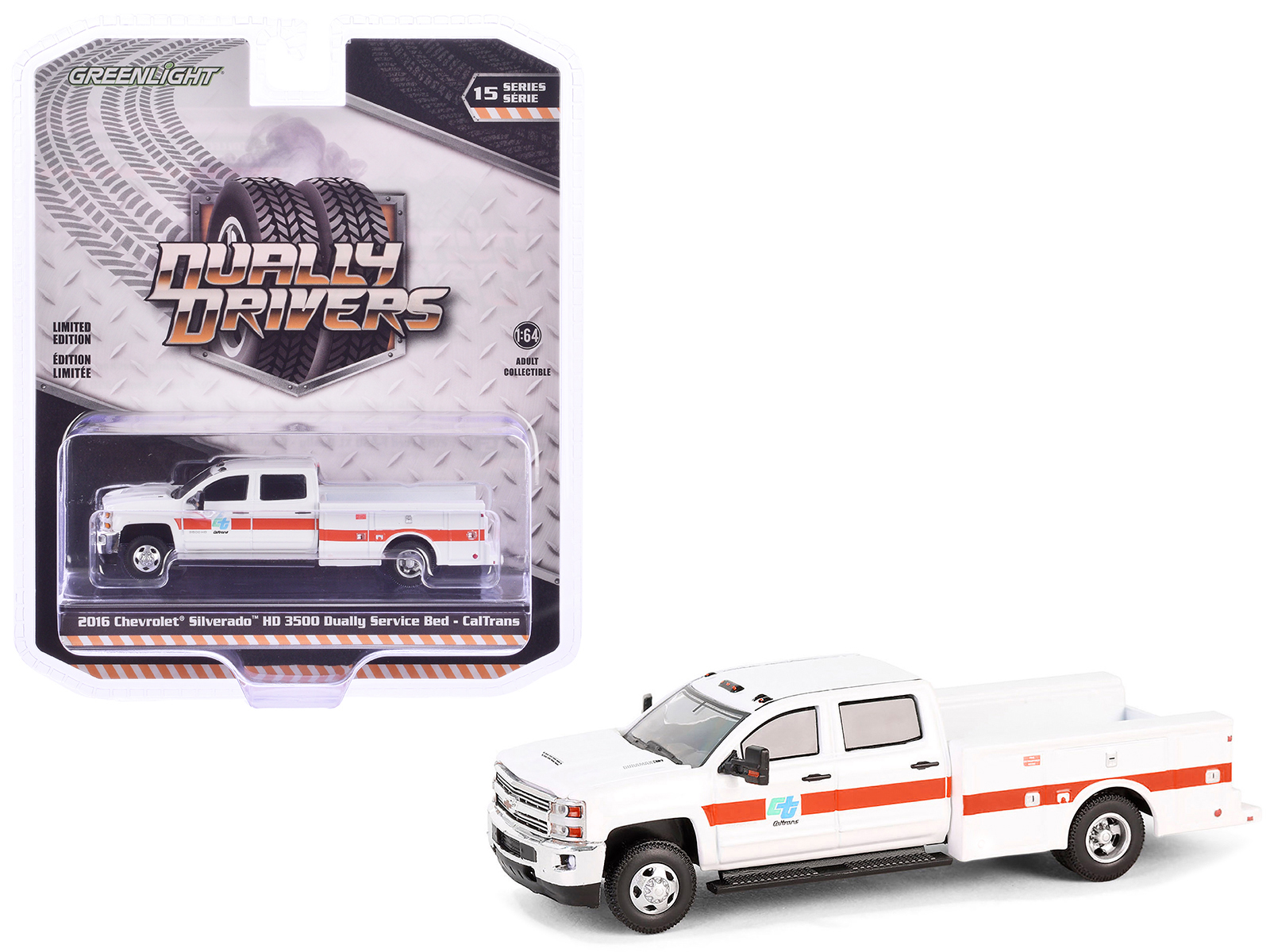 2016 Chevrolet Silverado 3500 HD Dually Service Bed Truck "CalTrans (California Department of Transportation)" White with Orange Stripes "Dually Drivers" Series 15 1/64 Diecast Model Car by Greenlight