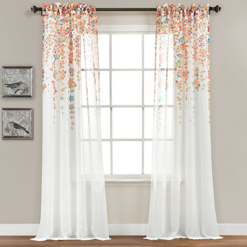 Set of 2 (84"x38") Weeping Flower Sheer Window Curtain Panels Turquoise/Tangerine - Lush Décor