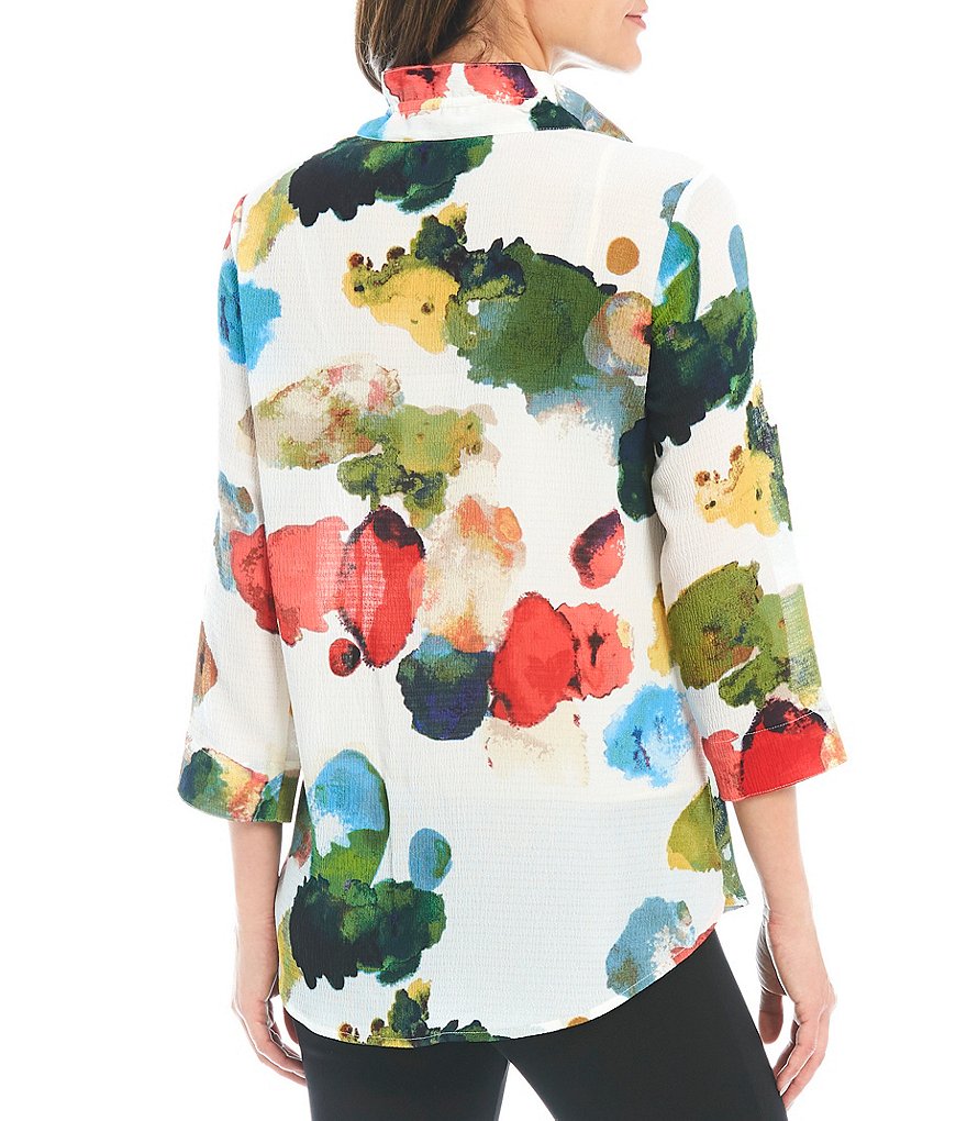 Ali Miles Petite Size Abstract Dot Printed Crinkle Wire Neck Button Front Blouse