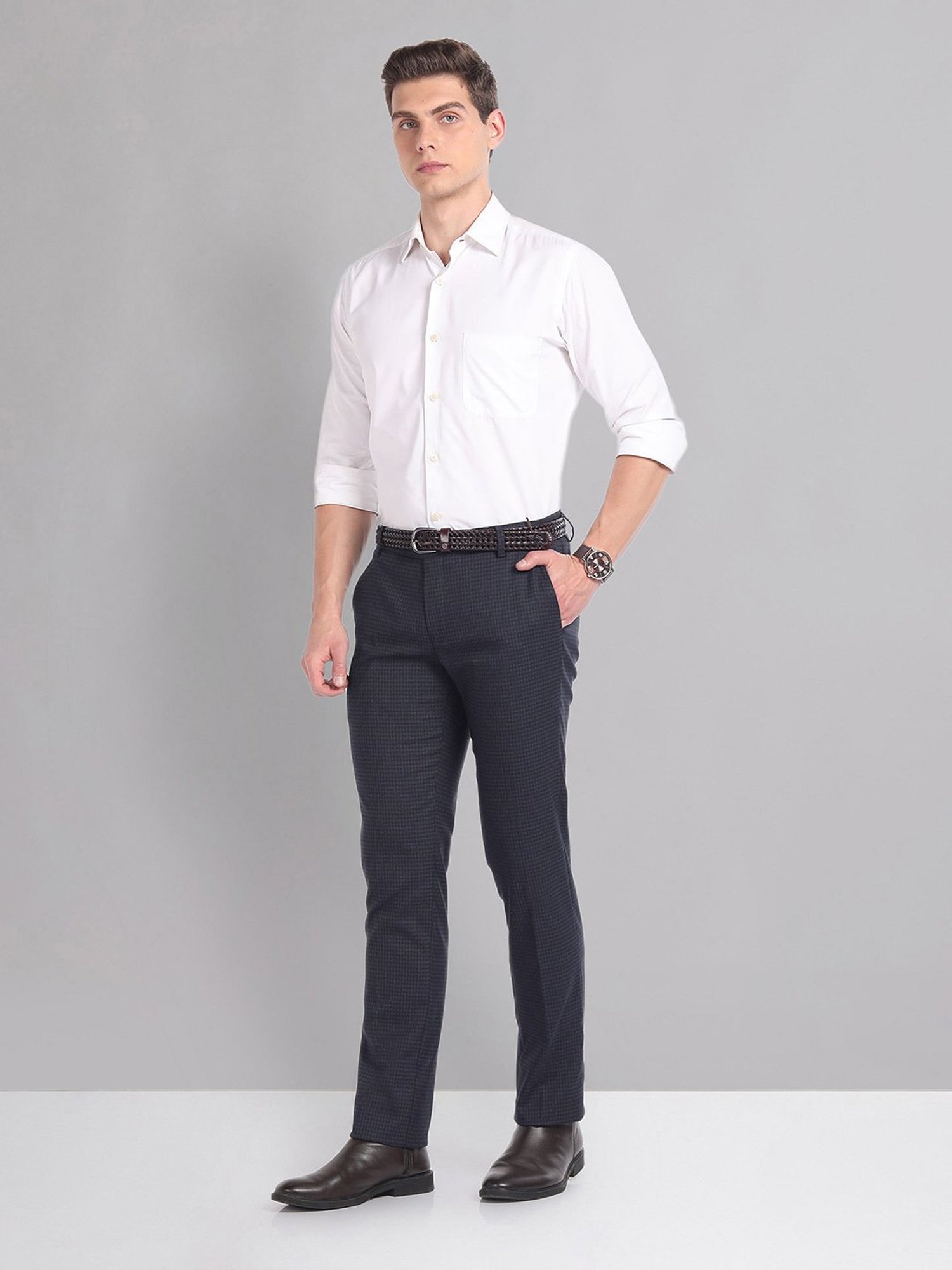 AD by Arvind Blue Slim Fit Flat Front Trousers