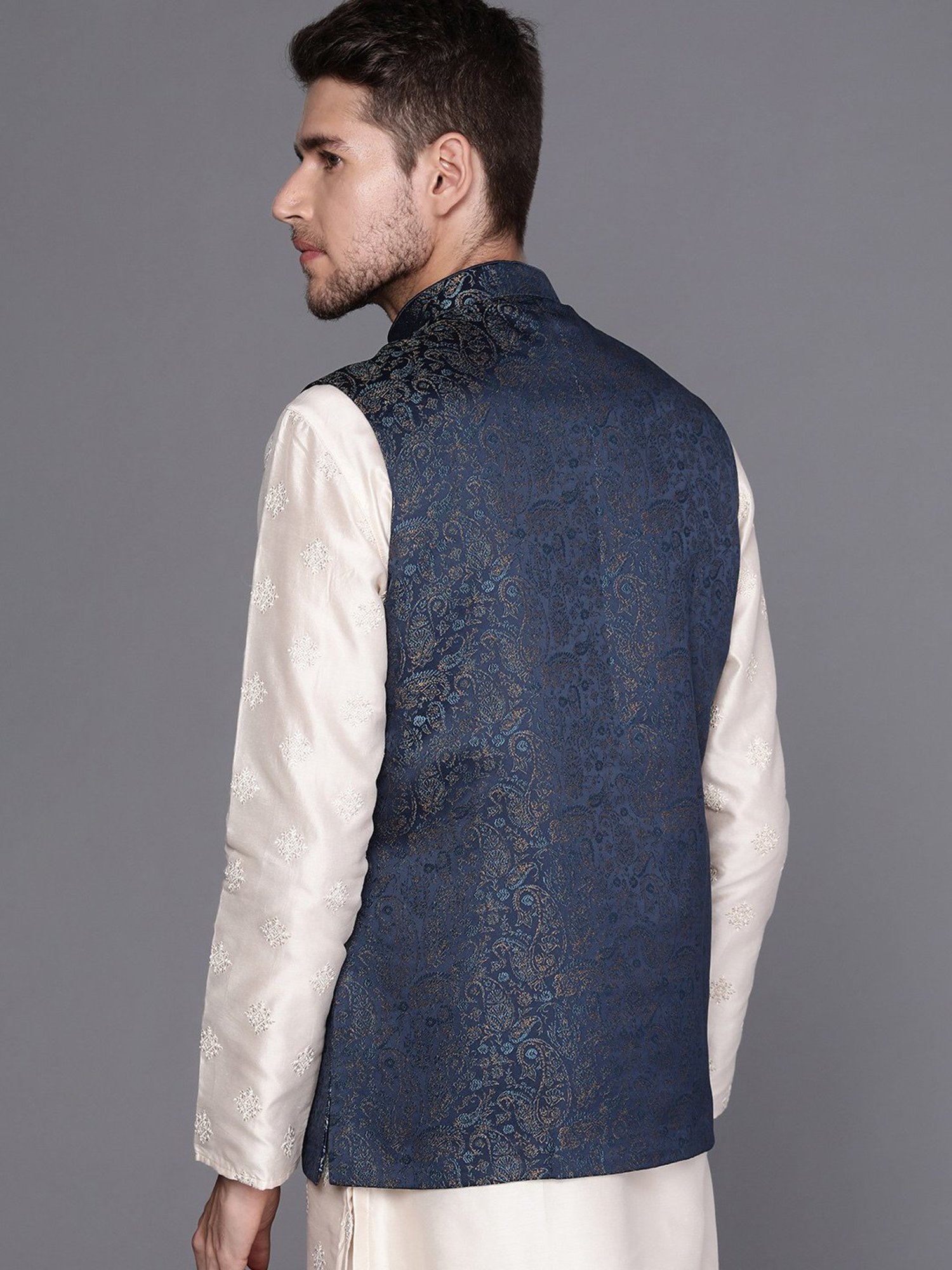 Manyavar Blue Regular Fit Self Design Nehru Jacket