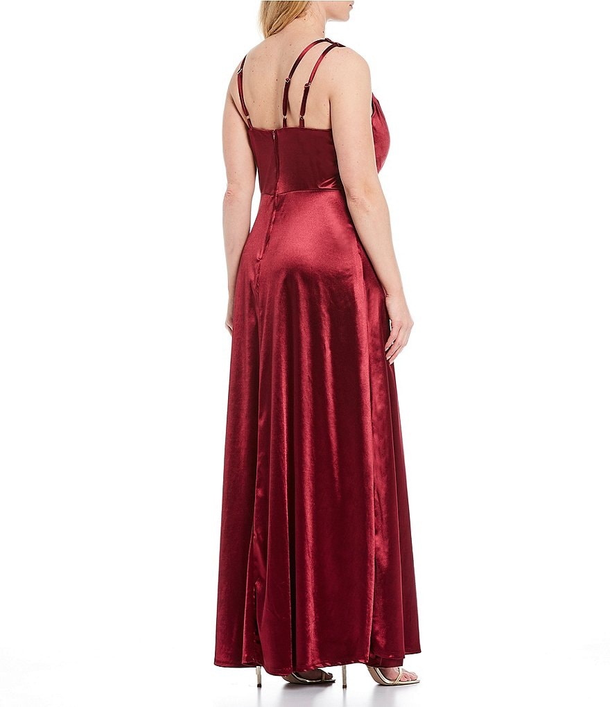 Teeze Me Plus One-Shoulder Wrap Bodice High Side Slit Satin Long Dress