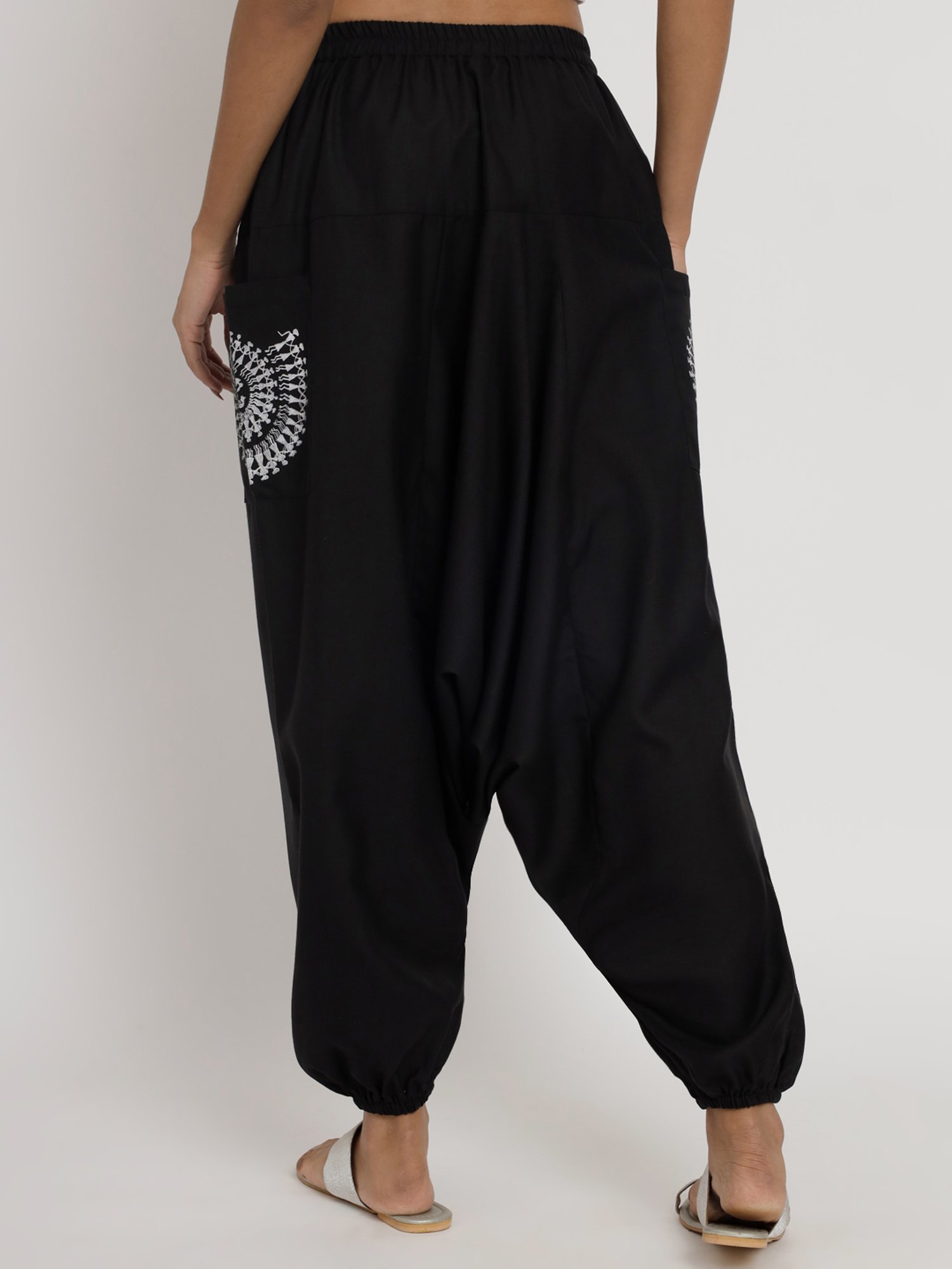 9rasa Black Cotton Printed Regular Fit High Rise Pants