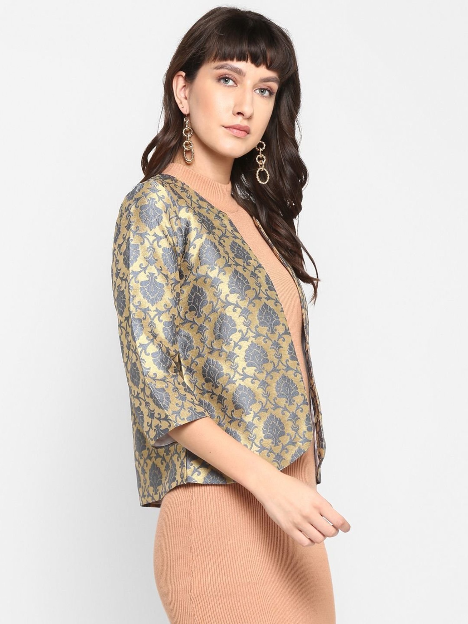 Hangup Golden & Grey Jacquard Pattern Shrug