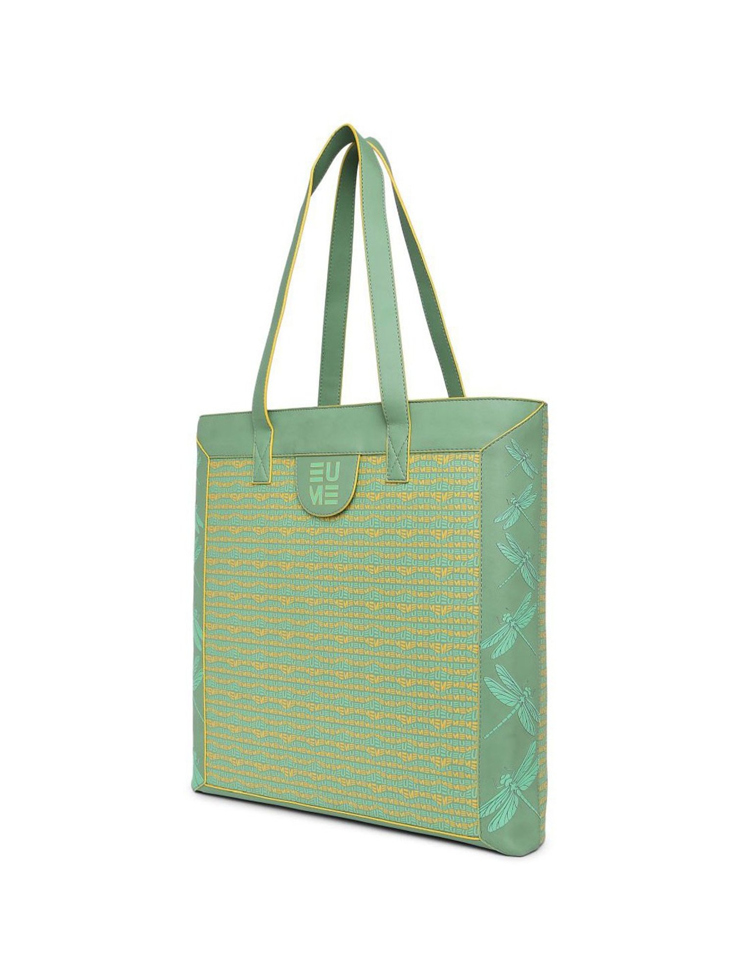Eume Dragonfly Basil Green Leather Printed Tote Handbag with Pouch