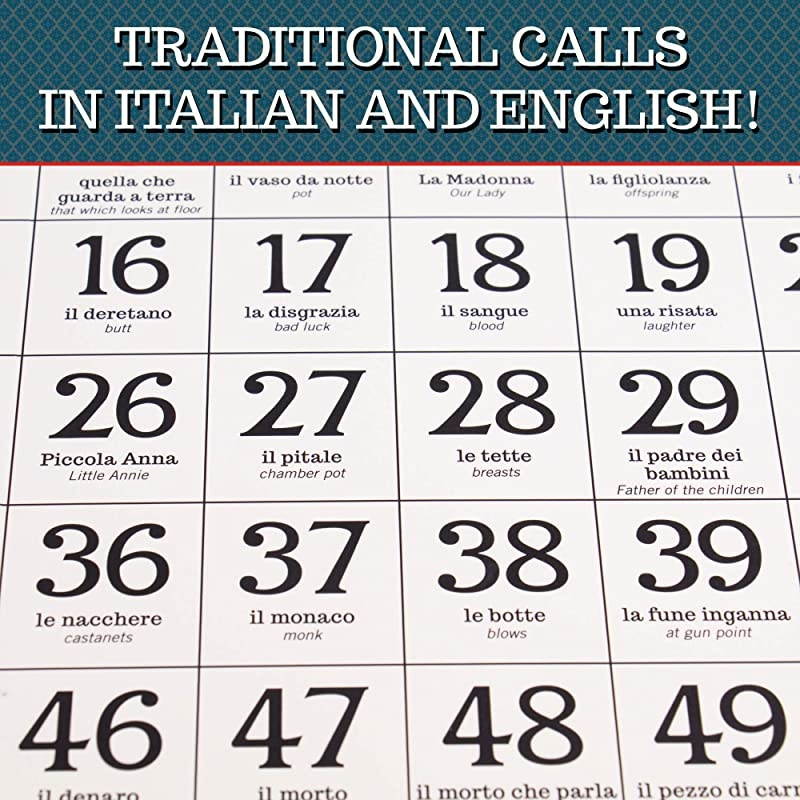 Bingo Board Game | The Italian Game of Chance for Family Friends and Large Parties Up to 24 Players | Includes Calling Board 90 Tombolini Tiles 24 DoubleSided Cards and 360 Chips