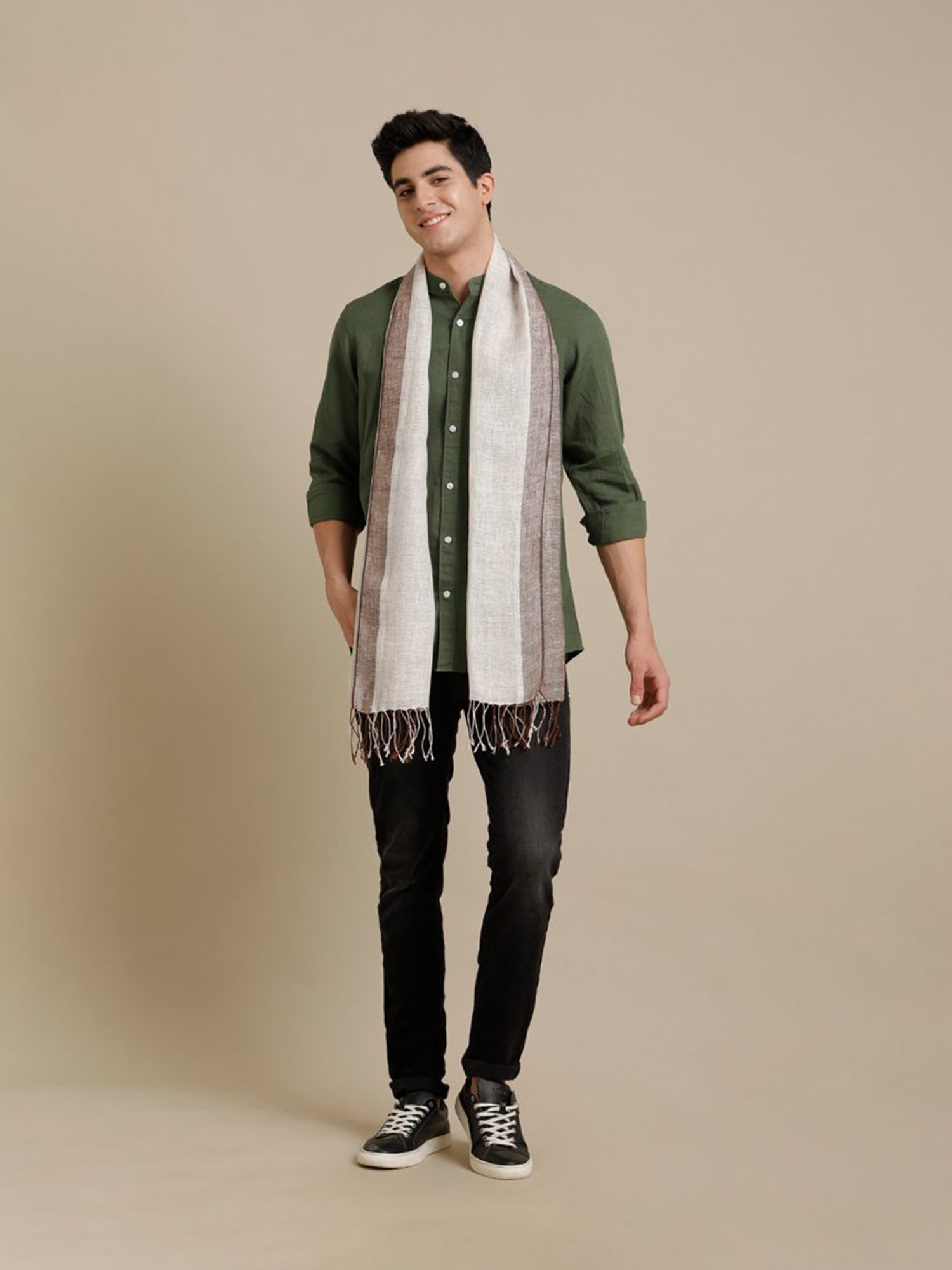 Linen Club Brown Striped Pure Linen Stole