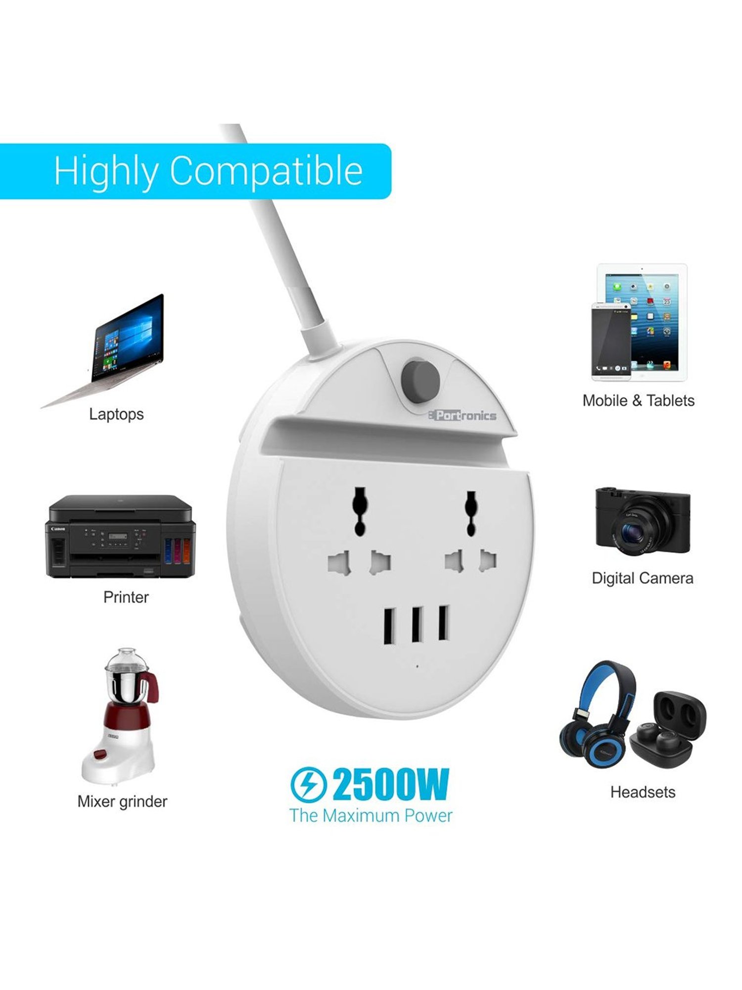 Portronics Power Bun POR 739 5 Sockets Surge Protector (White)