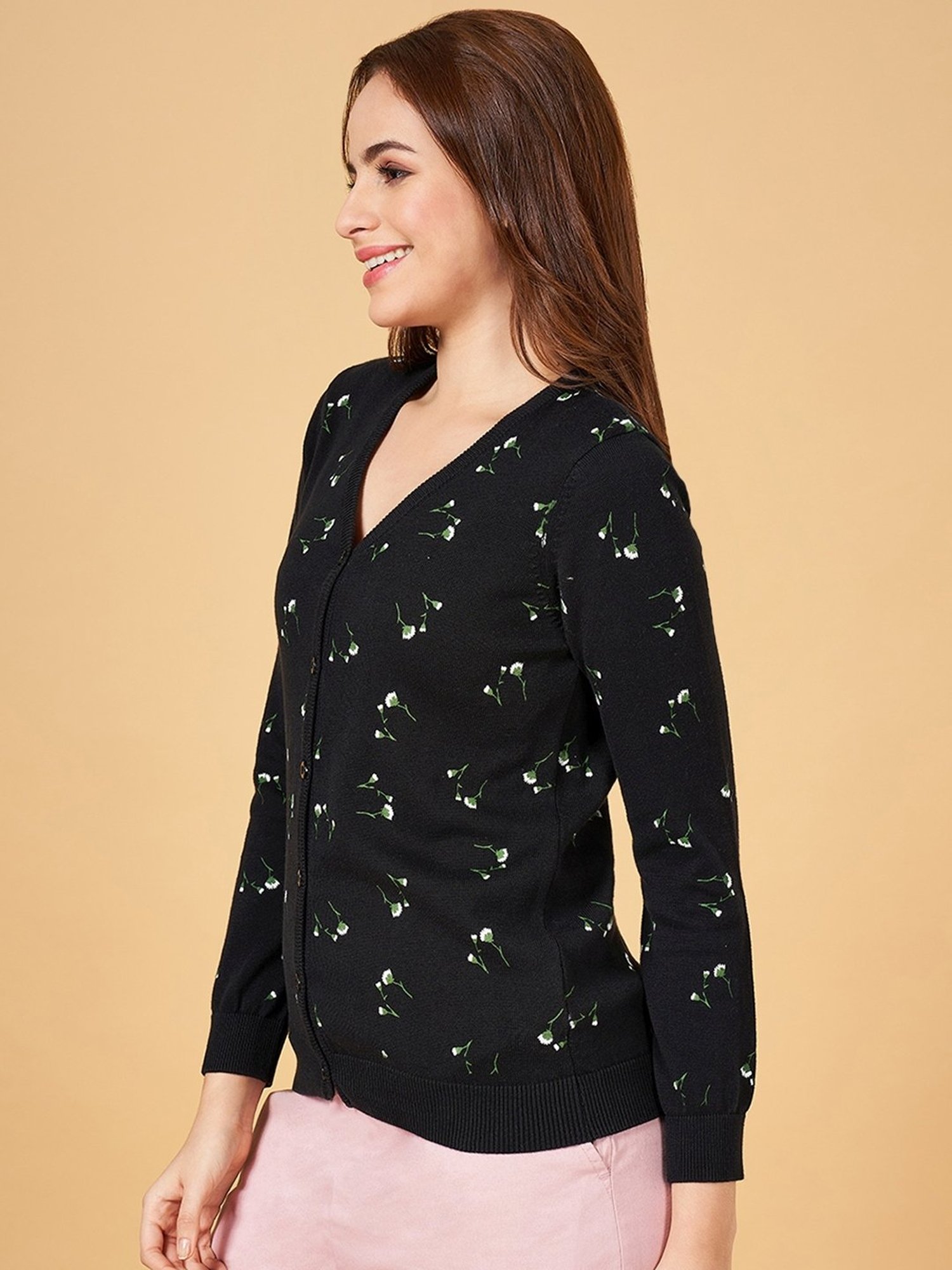 Honey by Pantaloons Black Cotton Floral Print Cardigan