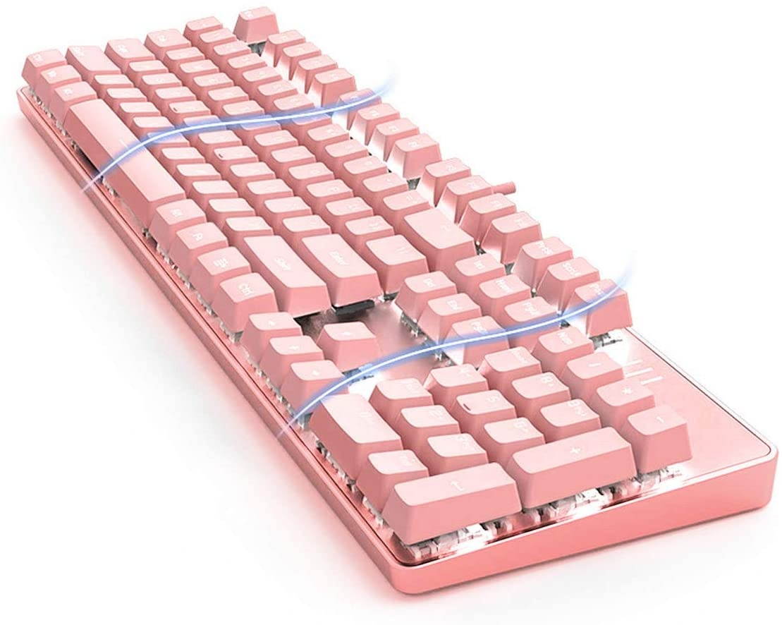 Qisan Mechanical Gaming Keyboard Full Size 104 Keys US Layout Wired Blue Switch Backlit Keyboard with Pink Color