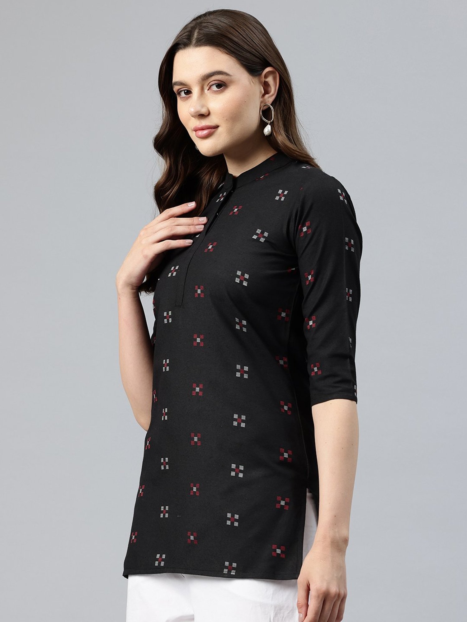 One Femme Black Cotton Embroidered A Line Kurti