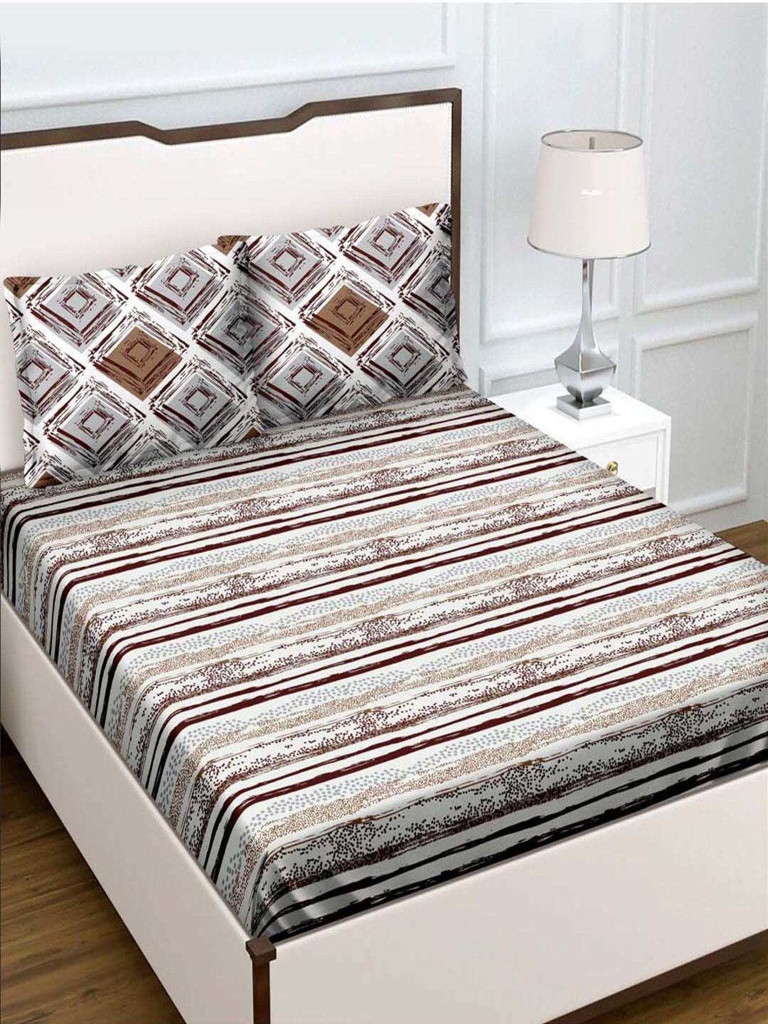 BELLA CASA Genteel Stripes Grey & Brown 180 TC Cotton Bedsheet with 2 Pillow Covers