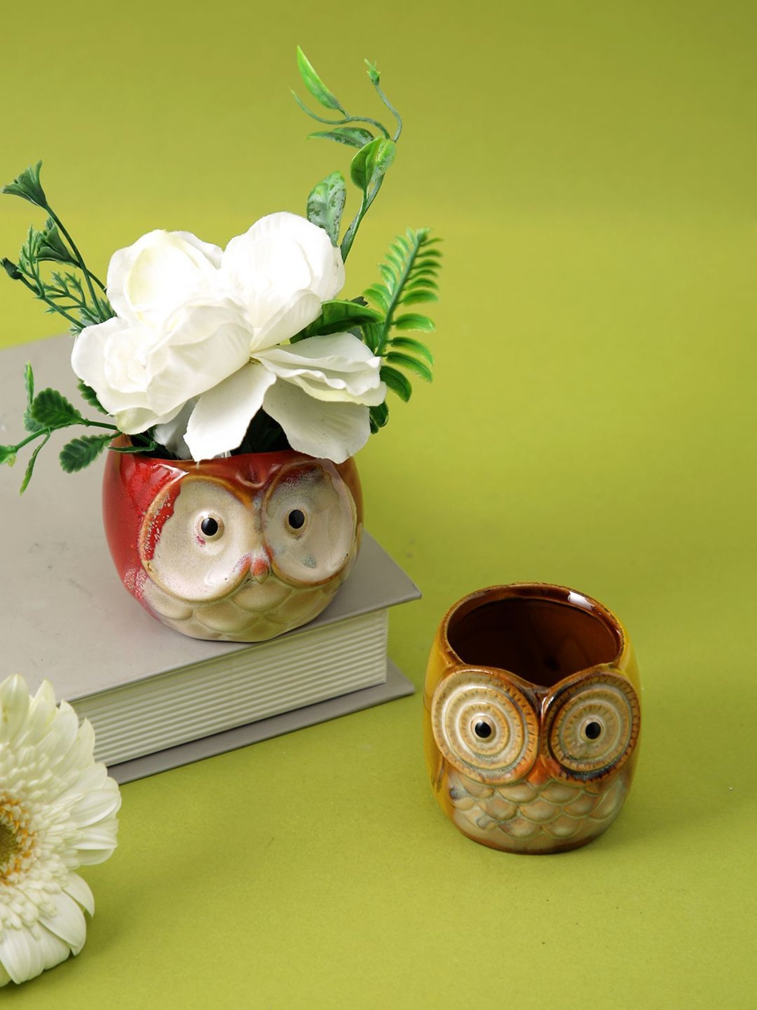 Tayhaa Multicolor Ceramic Small Size Owl Planter - Set of 2