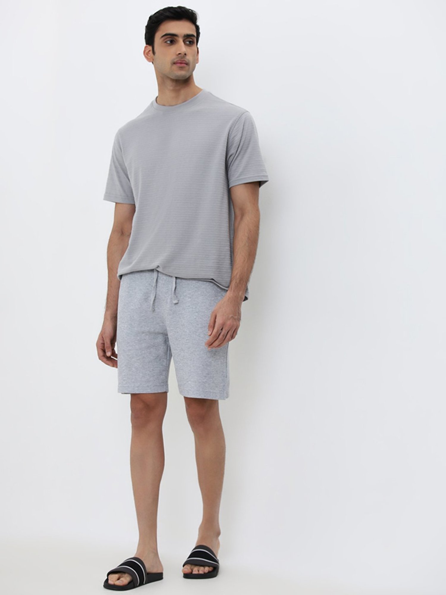 WES Lounge by Westside Grey Self-Striped Relaxed-Fit Cotton T-Shirt