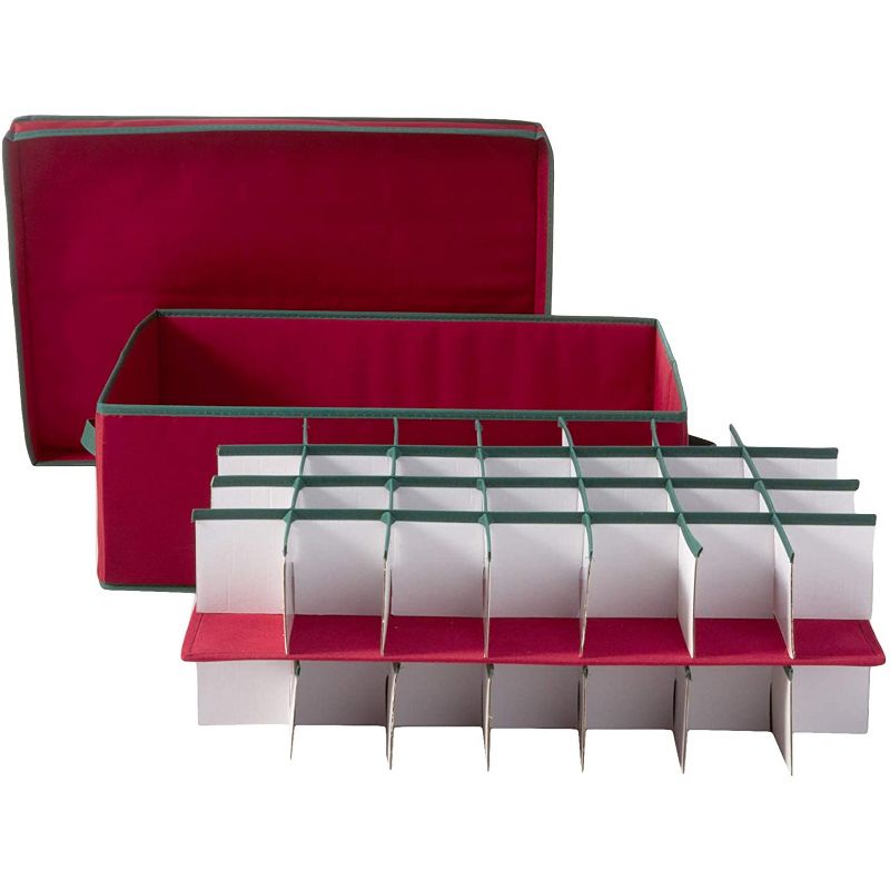 HOMZ 2 Tier 56 Ornament Keepsake Heirloom Christmas Holiday with Lid and Handles Divided Collapsible Foldable Large Storage Box Chest, Holiday Red