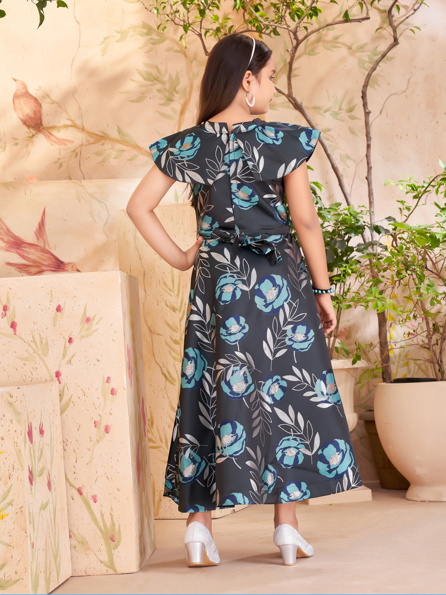 Aarika Girls Black & Blue Floral Print Gown