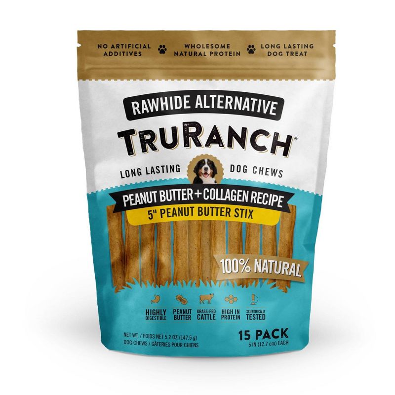 TruRanch Collagen Peanut Butter Sticks Rawhide Free Dog Treats - 15ct