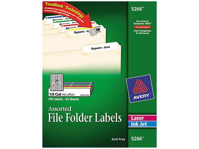 Avery 5266 Permanent Adhesive Laser/Inkjet File Folder Labels, Assorted, 750/Pack