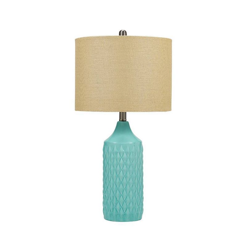 26.5" Quilted Ceramic Table Lamp with Natural Linen Drum Shade Aqua Blue - Cresswell Lighting
