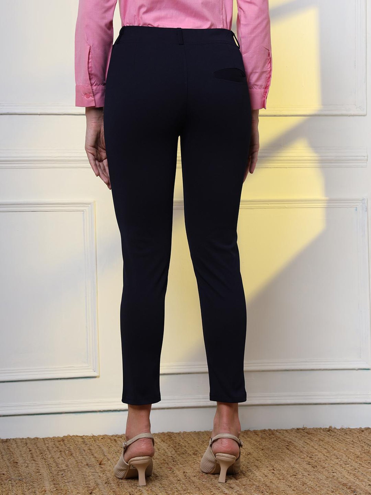 FITHUB Navy Slim Fit High Rise Formal Trousers