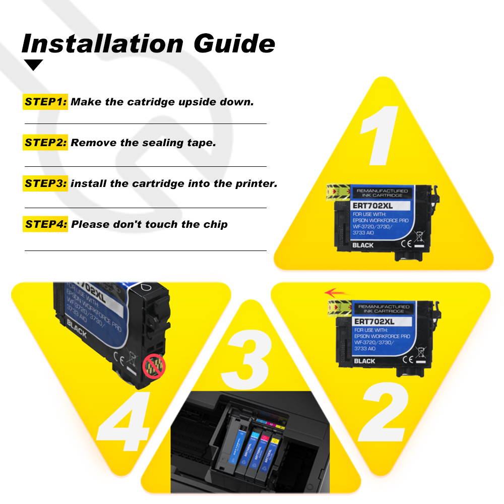 v4ink Ink Cartridge Replacement for Epson 702XL 702 T702XL T702 to use with Workforce Pro WF-3720 WF-3733 WF-3730 Printer, 4 Pack