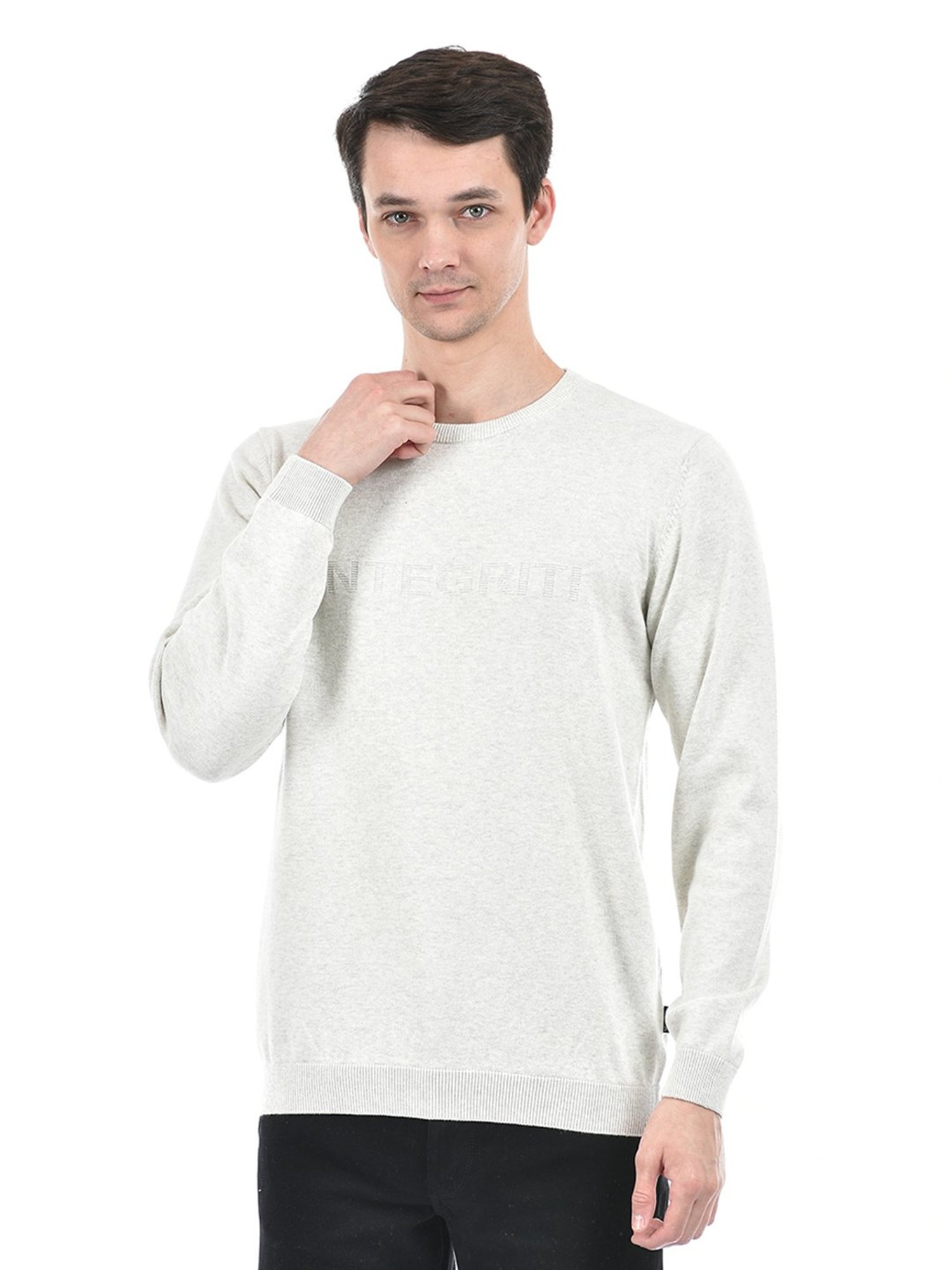 Integriti Ecru Melange Regular Fit Self Design Cotton Sweater