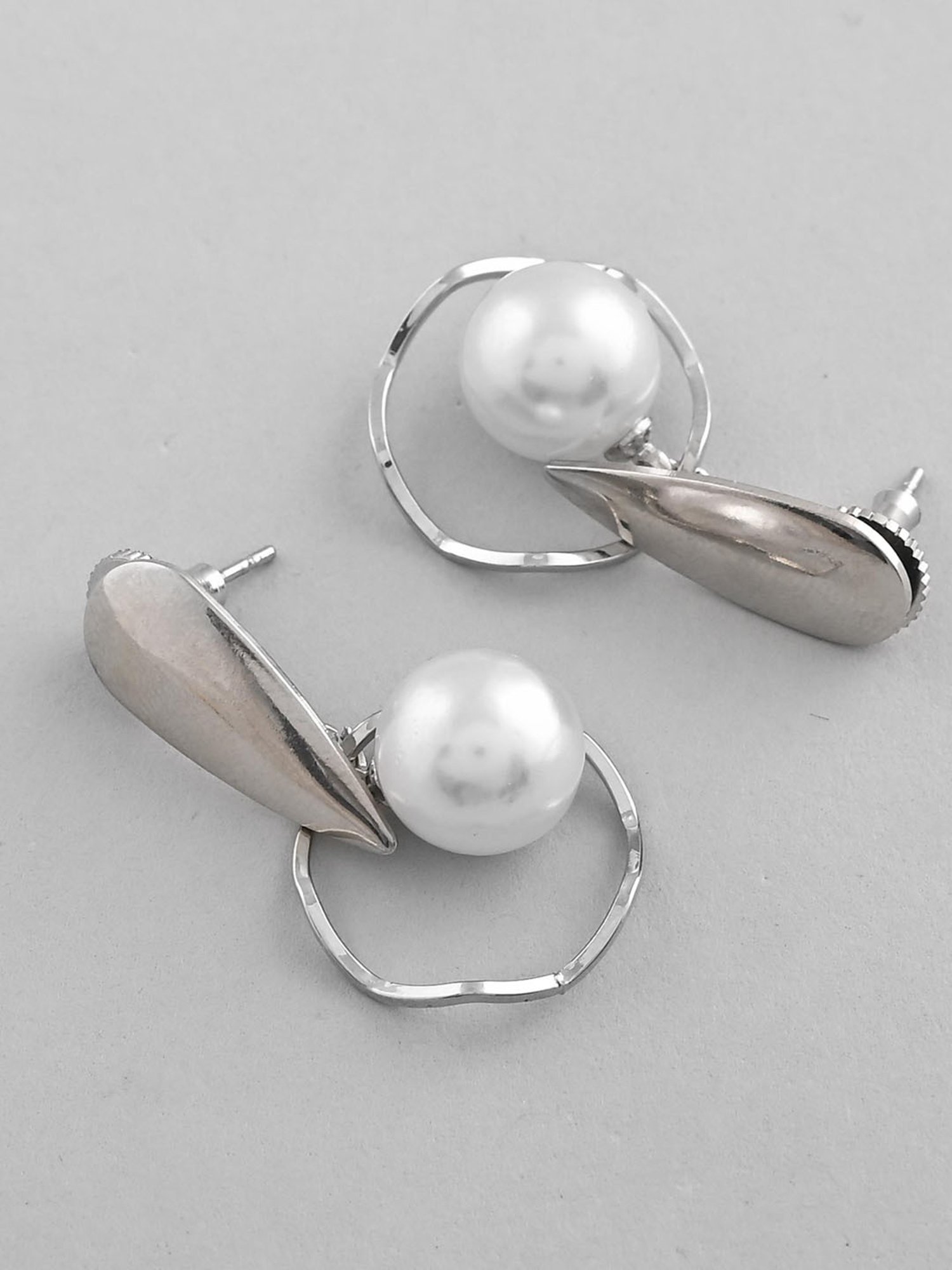 VOJ Silver-Plated Handcrafted Pearl Studded Korean Drop Earrings for Women