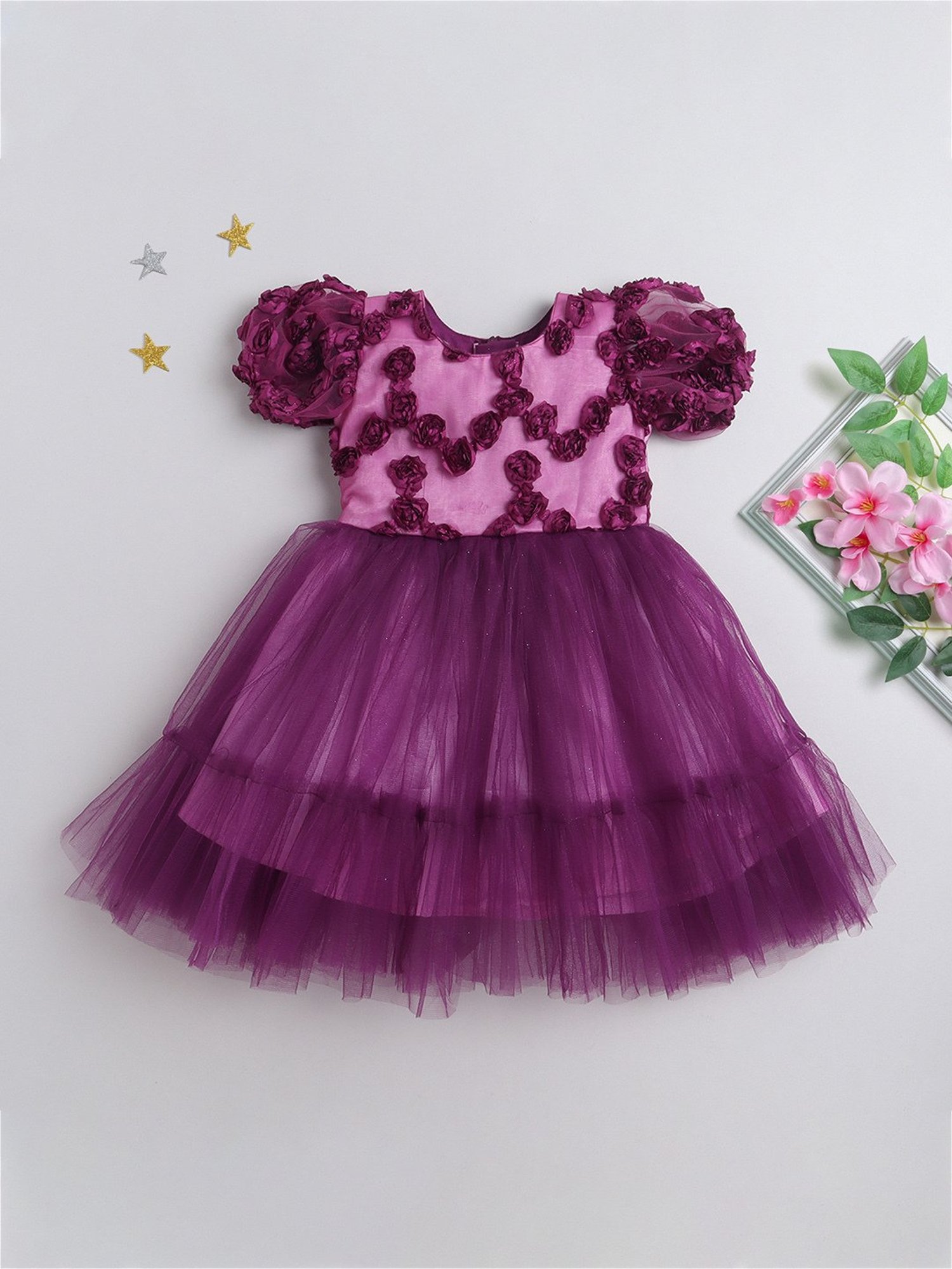 Many Frocks Kids Magenta Applique Dress