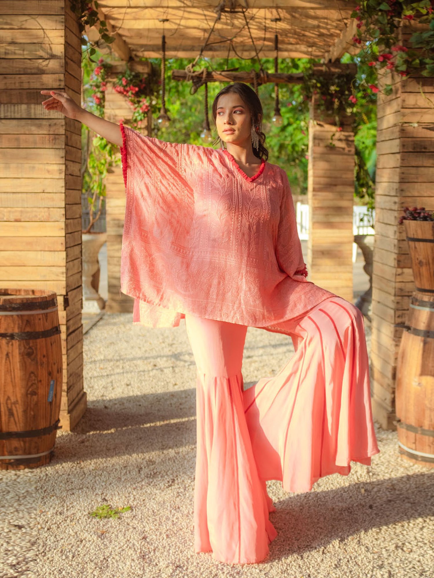 Monk and Mei Suraiya Chikankari Kaftan, Sharara & Belt - Peachy Melon