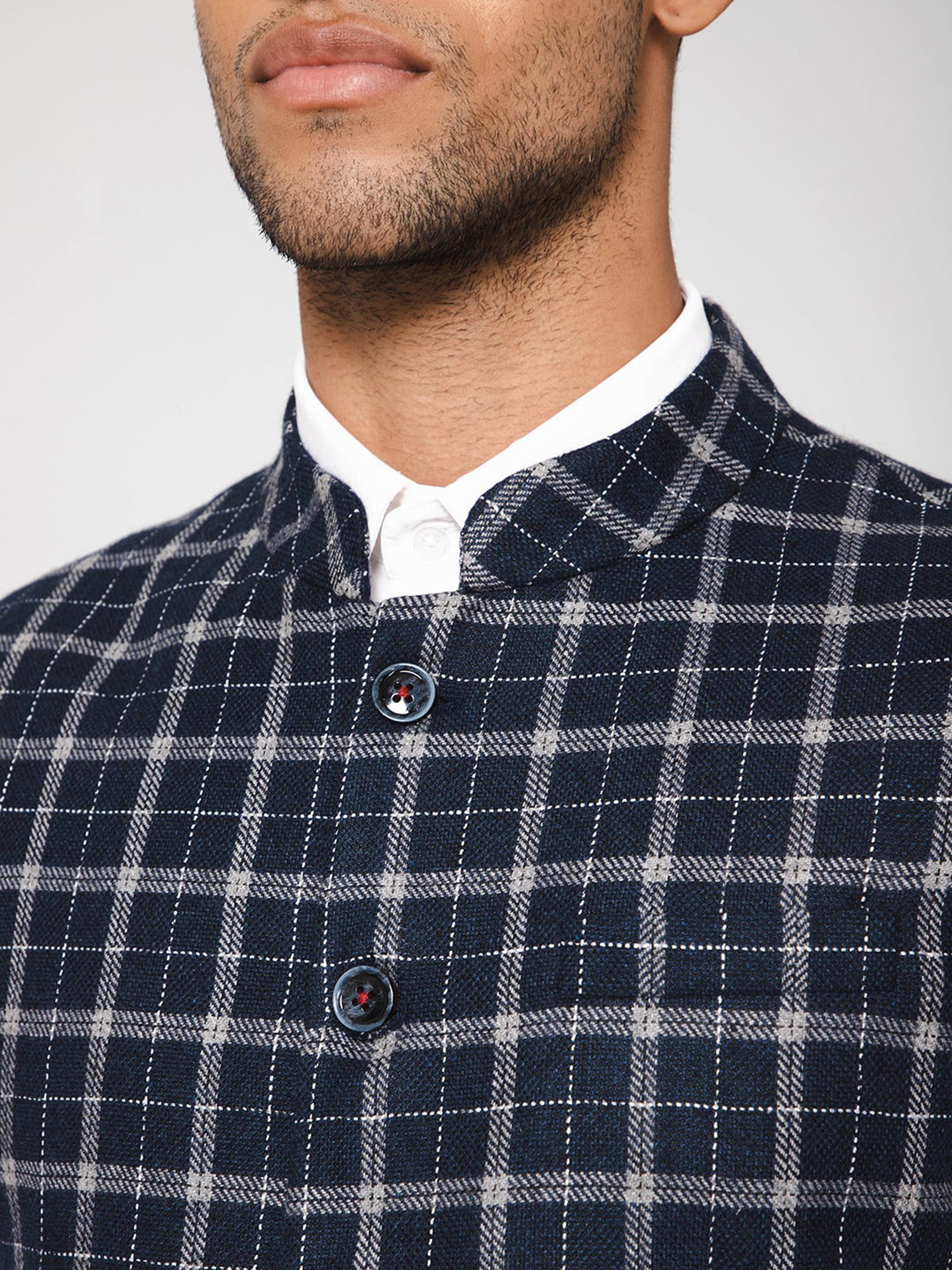 Cantabil Navy Regular Fit Check Nehru Jacket