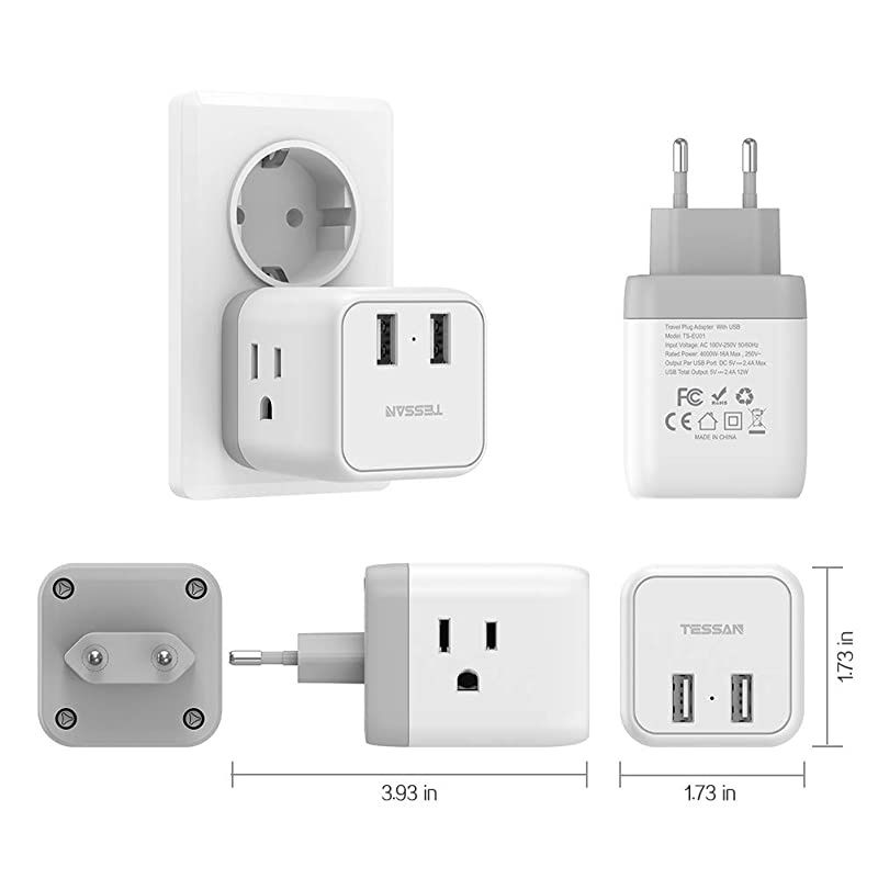 to Europe Plug Adapter European Travel Plug Adapter TESSAN Wall Power Adapter with 2 B Charging Ports Outlet Adaptor for A to Most of Europe France Germany Italy Greece Spain IcelandType C