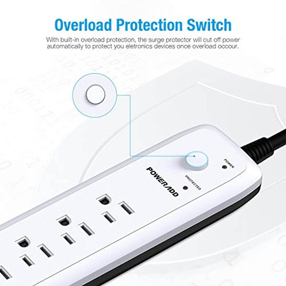 6Outlet + 2 USB 1050 Joule Surge Protector Power Strip with 25Ft Long Extension Cord White UL Listed