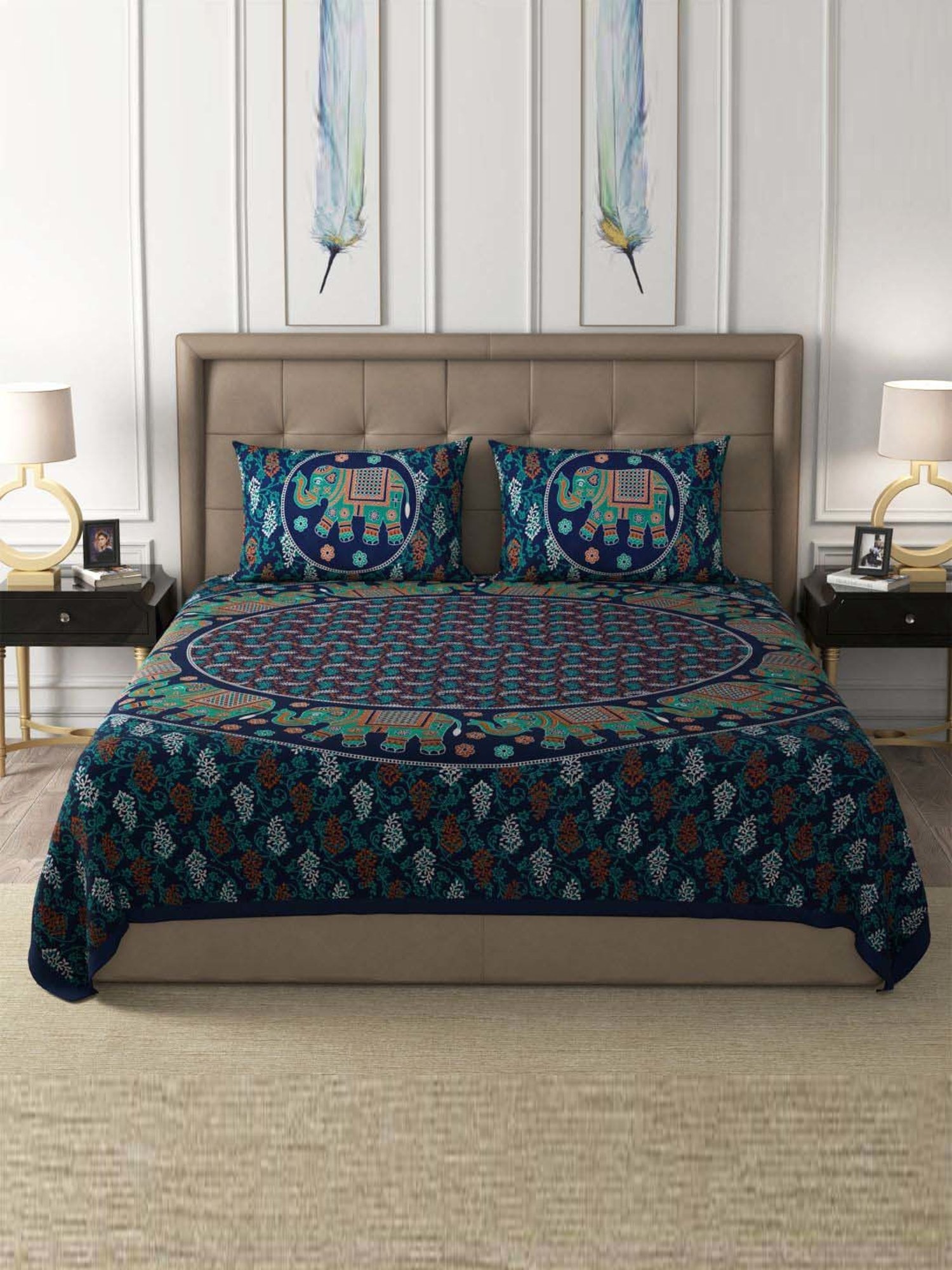 JaipurFabric Indigo 100% Pure Cotton 180 TC Double Bedsheet with 2 Pillow Covers
