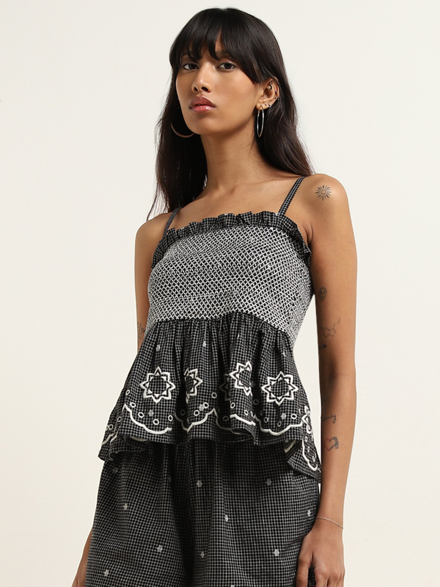 Bombay Paisley by Westside Black Checkered Design Peplum Cotton Top