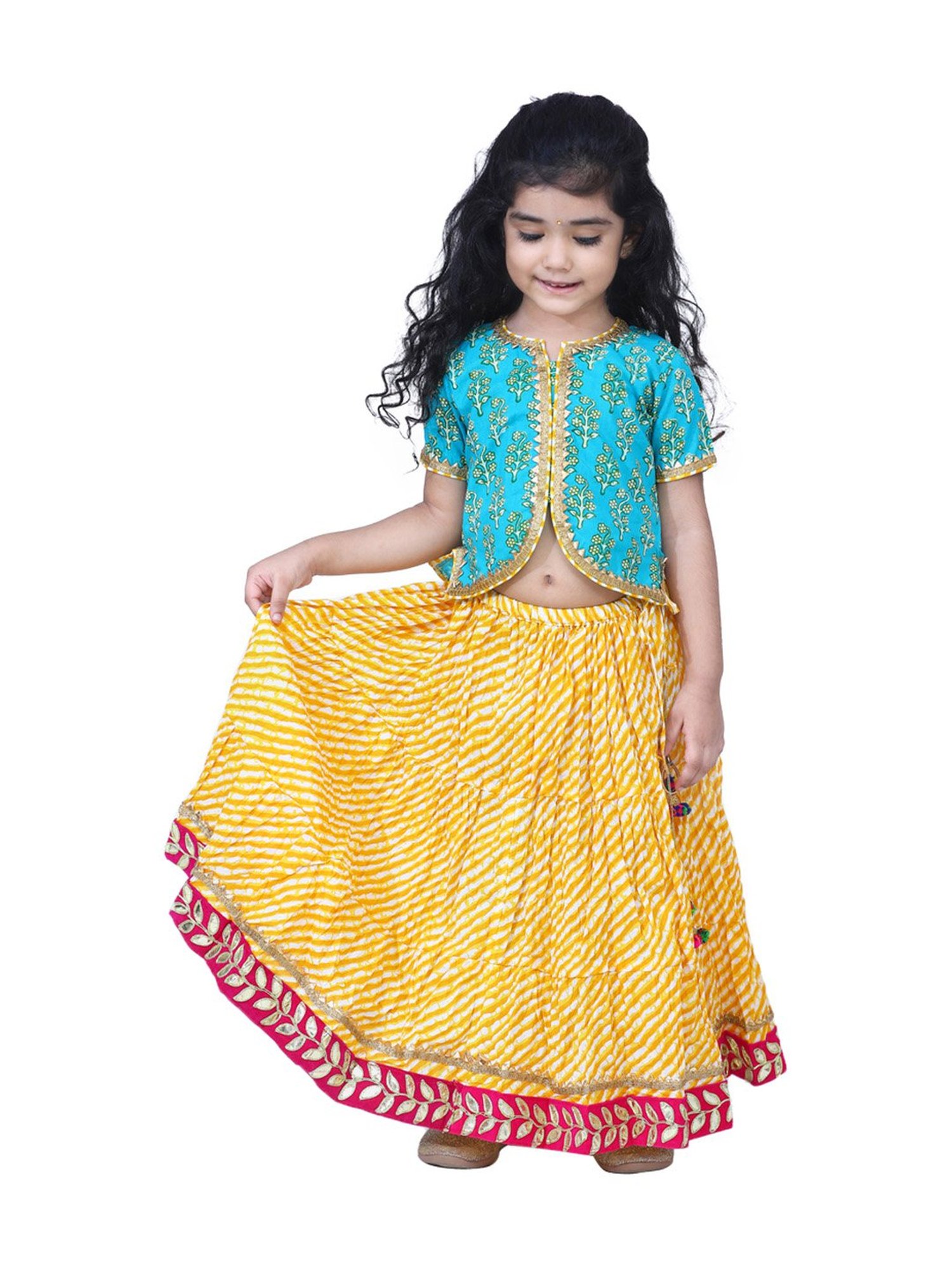BownBee Kids Green Cotton Printed Lehenga Choli