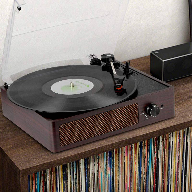 Bluetooth Record Player Belt-Driven 3-Speed Turntable, Vintage Vinyl Record Players Built-in Stereo Speakers, with Headphone Jack/ Aux Input/ RCA Line Out