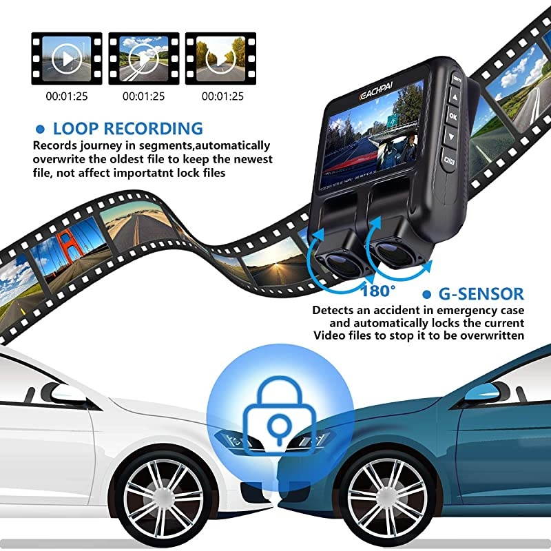 Dash Cam for Cars , EAHCPAI E100 Pro Dash Camera Dual Front and Rear with WI-FI, GPS, Motion Detection , Parking Monitor , G-Sensor , Loop Recording, WDR