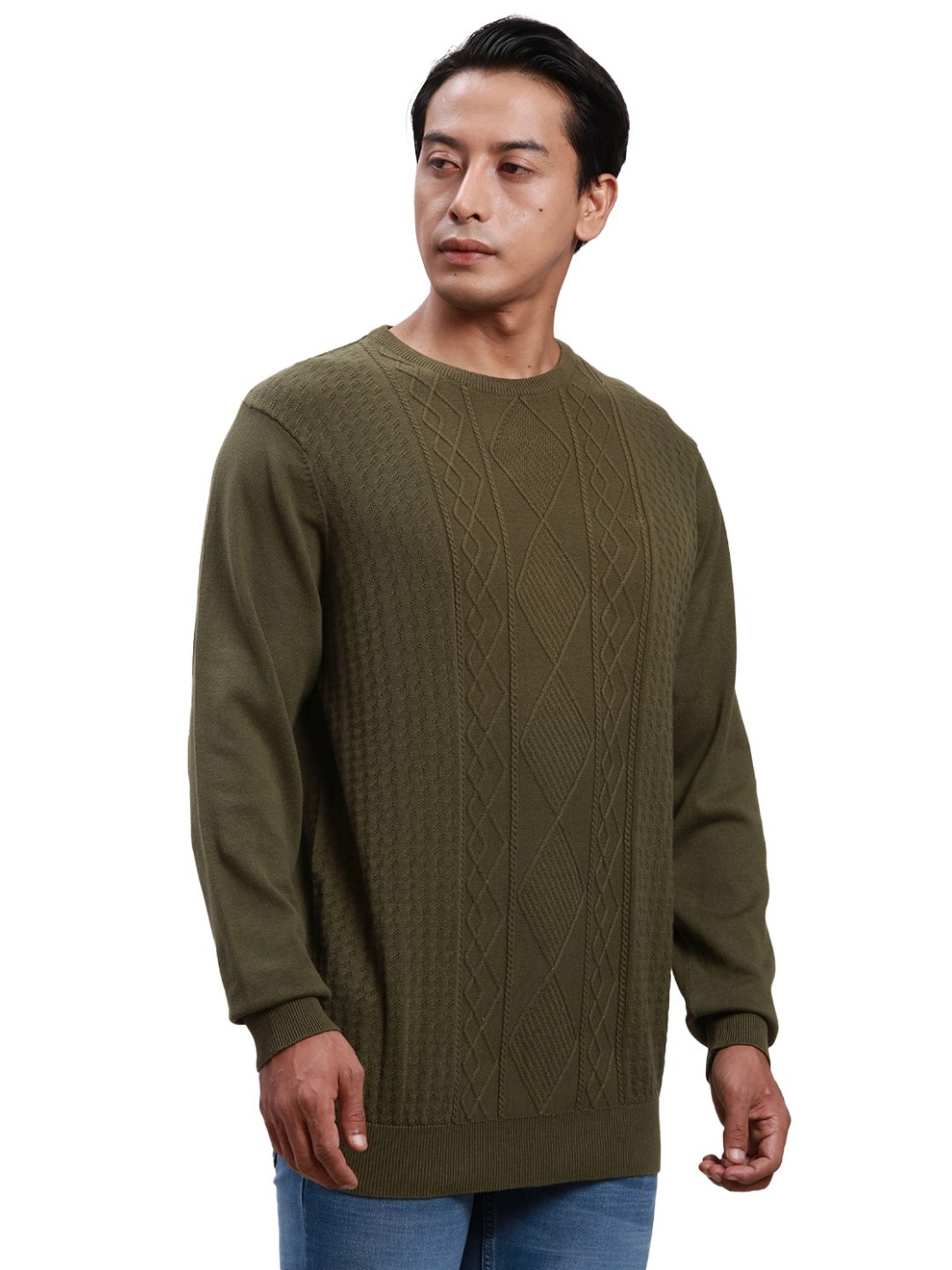 ColorPlus Green Pure Cotton Tailored Fit Self Pattern Sweater