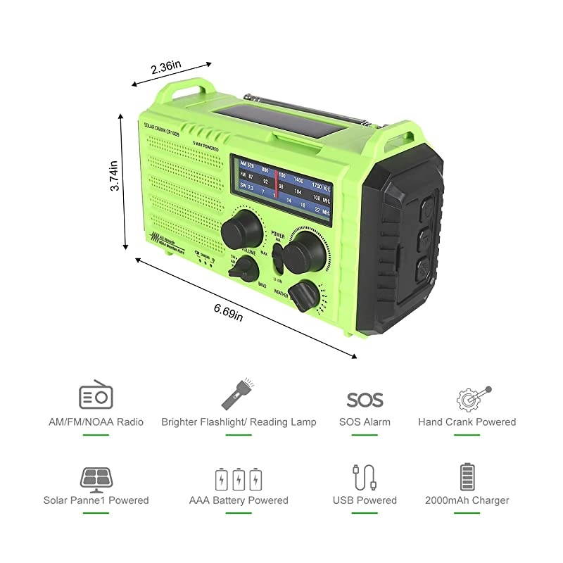 Emergency Radio  5000mAh Solar Hand Crank Portable Radio, NOAA Weather Radio for Household and 5 Ways Powered AM/FM/SW, LED Flashlight, Reading Lamp, Cell Phone Charger, and SOS Alarm