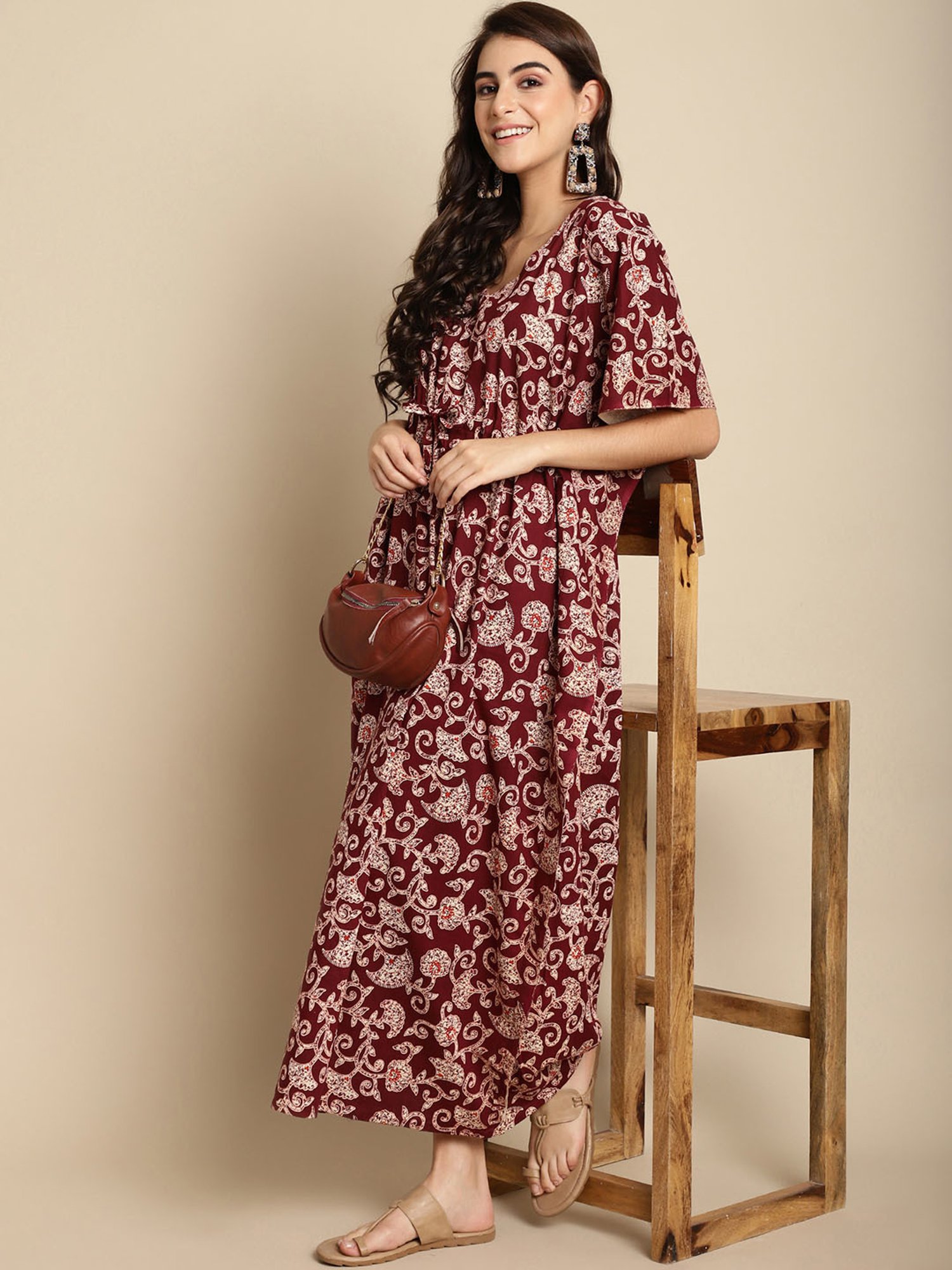Secret Wish Maroon Floral Print Kaftan Nighty